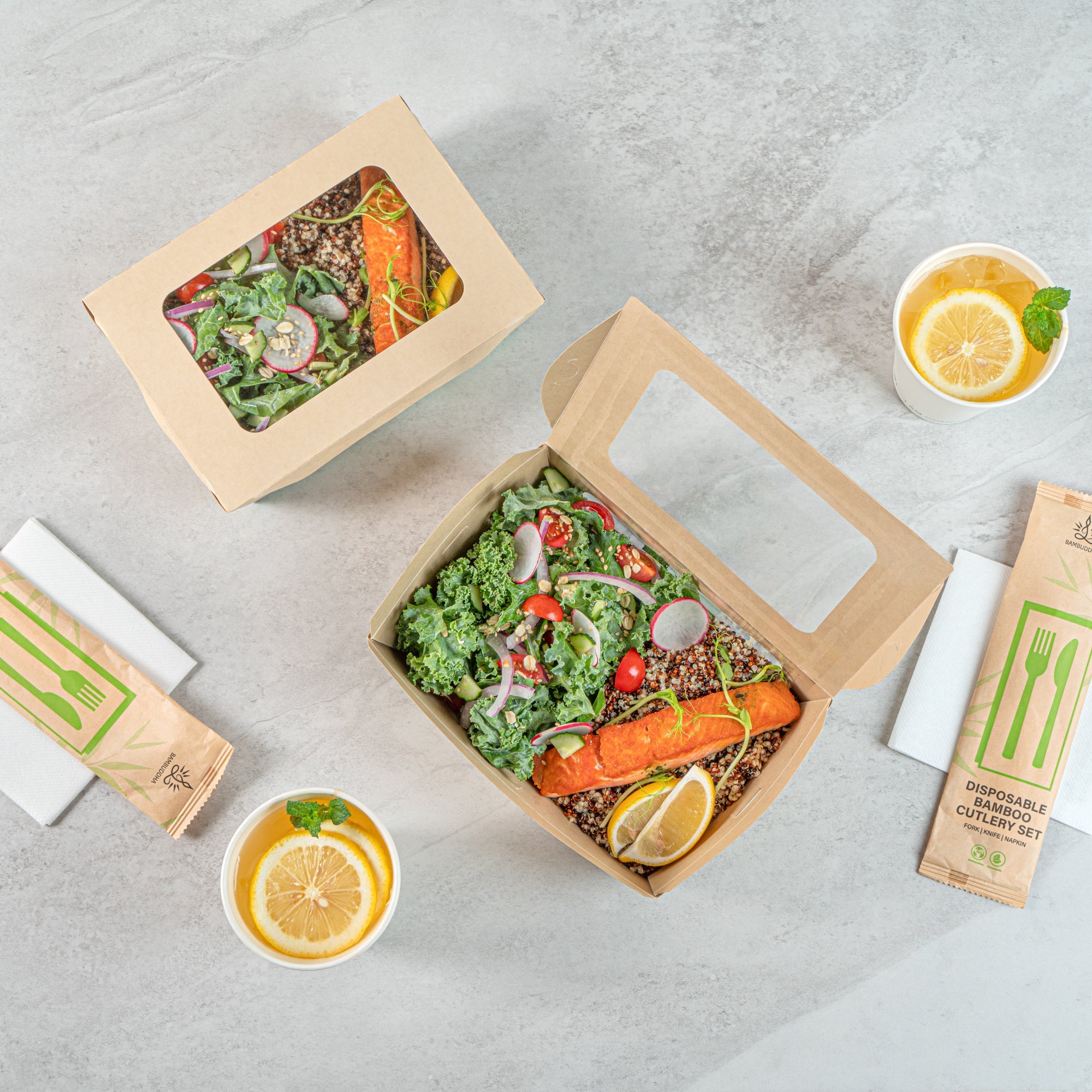 Sustain 57 oz Bamboo Paper Extra Large Bio Take Out Container - with PLA Lining, Windows, Compostable - 8" x 5 1/2" x 2 1/2" - 50 count box