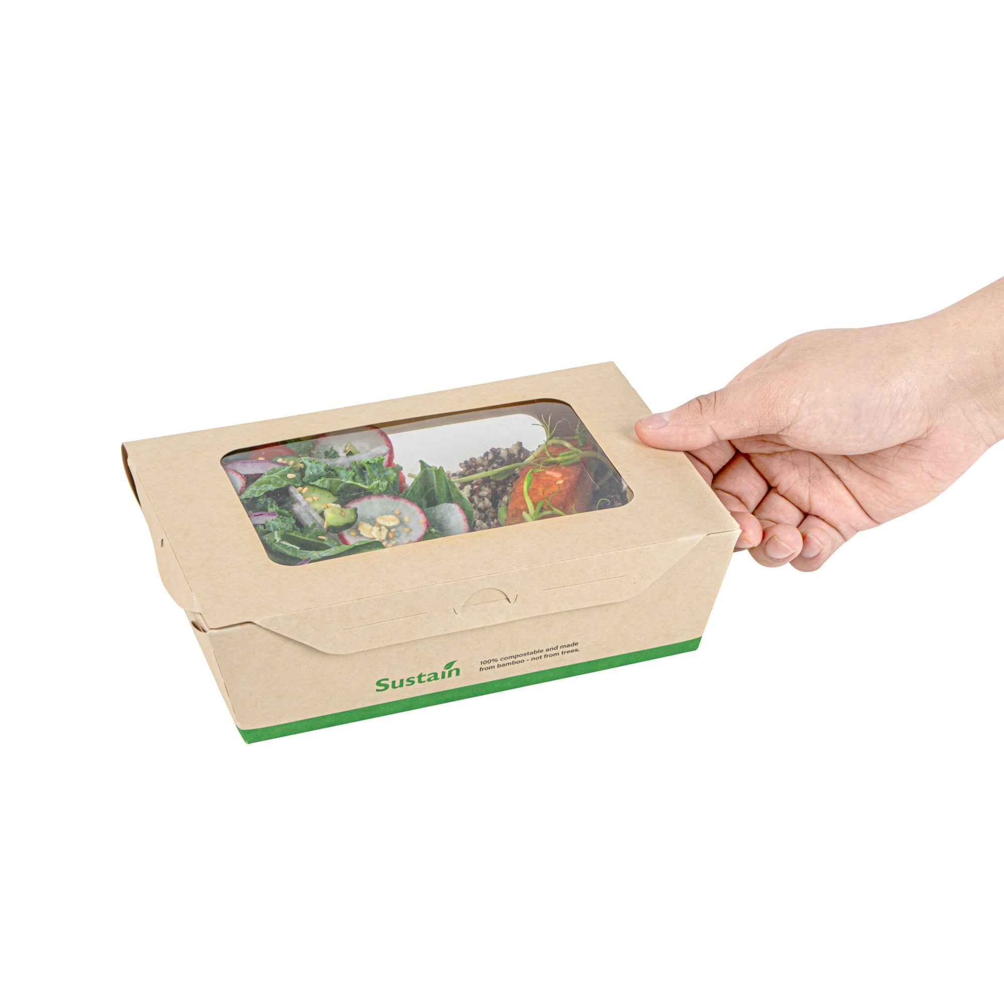 Sustain 57 oz Bamboo Paper Extra Large Bio Take Out Container - with PLA Lining, Windows, Compostable - 8" x 5 1/2" x 2 1/2" - 200 count box