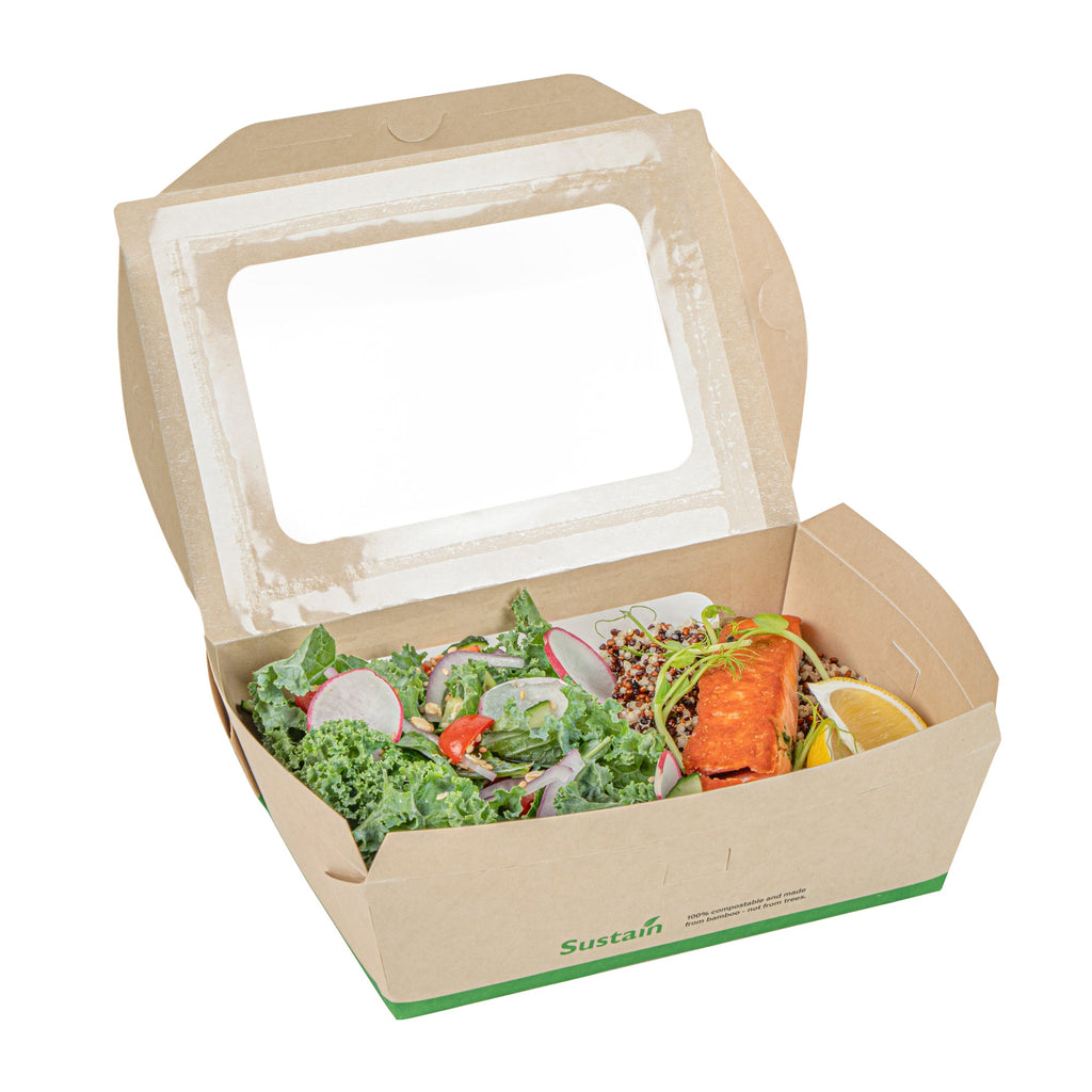 Sustain 57 oz Bamboo Paper Extra Large Bio Take Out Container - with PLA Lining, Windows, Compostable - 8" x 5 1/2" x 2 1/2" - 200 count box