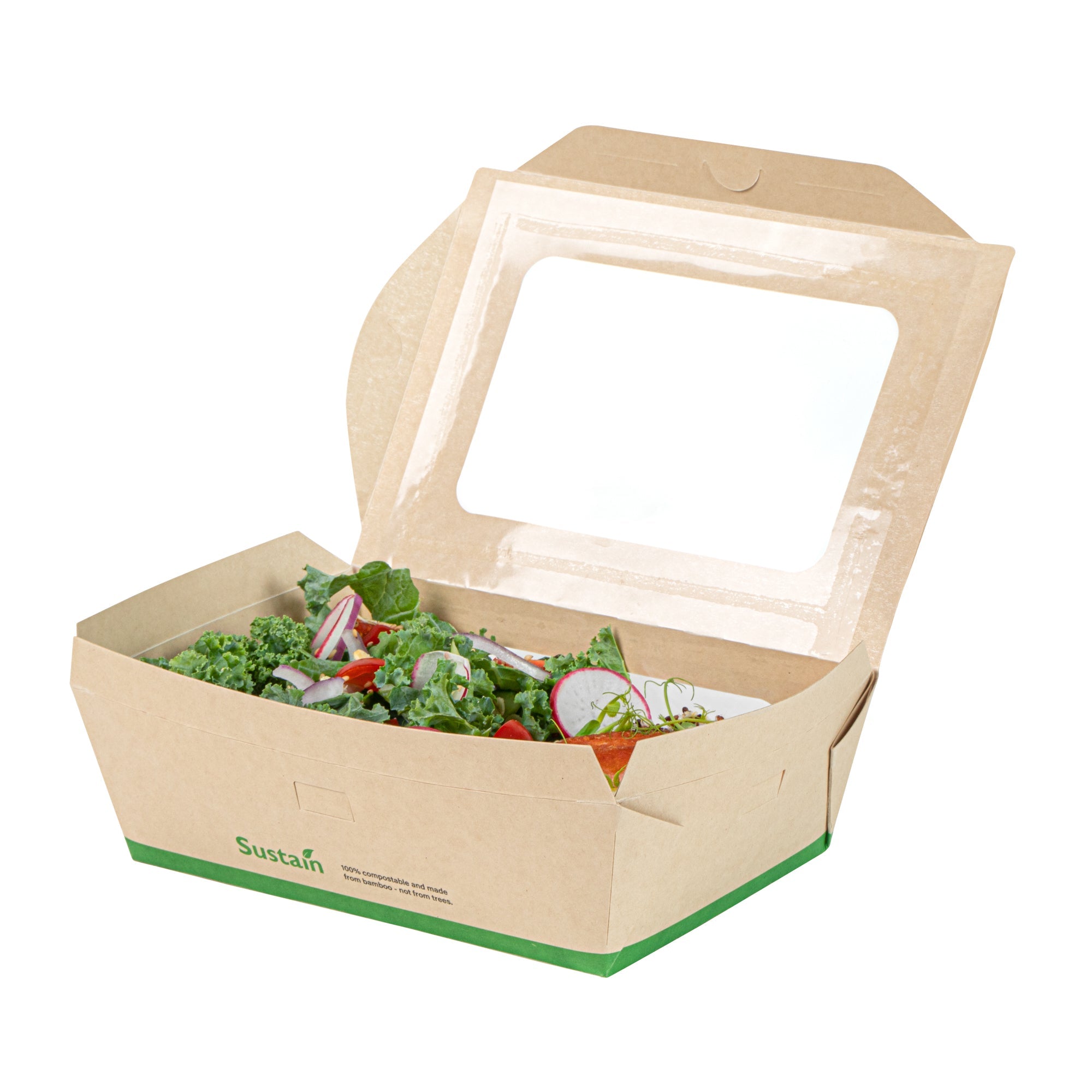 Sustain 57 oz Bamboo Paper Extra Large Bio Take Out Container - with PLA Lining, Windows, Compostable - 8" x 5 1/2" x 2 1/2" - 200 count box