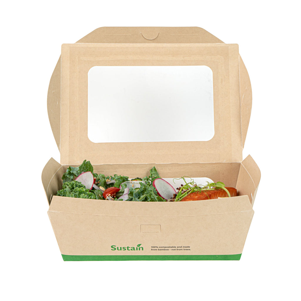 Sustain 57 oz Bamboo Paper Extra Large Bio Take Out Container - with PLA Lining, Windows, Compostable - 8" x 5 1/2" x 2 1/2" - 200 count box