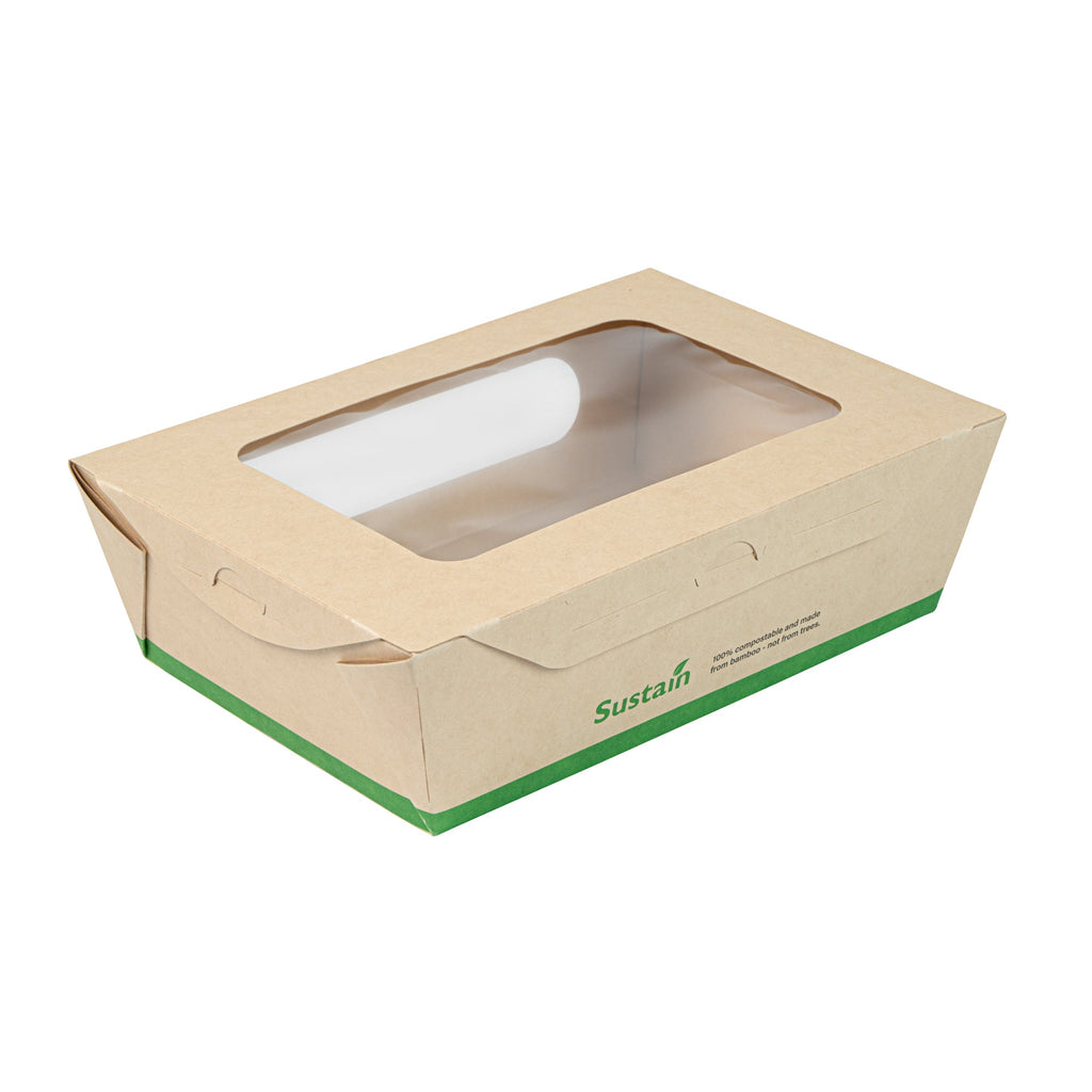 Sustain 57 oz Bamboo Paper Extra Large Bio Take Out Container - with PLA Lining, Windows, Compostable - 8" x 5 1/2" x 2 1/2" - 200 count box