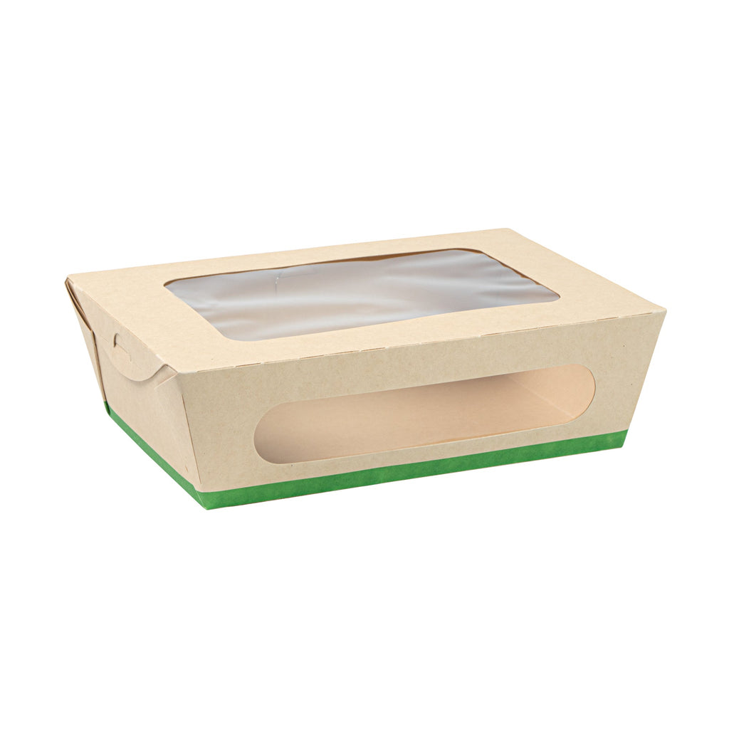 Sustain 57 oz Bamboo Paper Extra Large Bio Take Out Container - with PLA Lining, Windows, Compostable - 8" x 5 1/2" x 2 1/2" - 200 count box