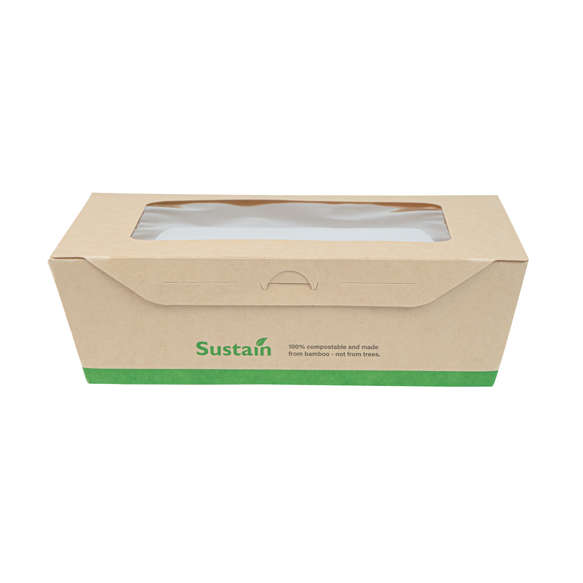 Sustain 57 oz Bamboo Paper Extra Large Bio Take Out Container - with PLA Lining, Windows, Compostable - 8" x 5 1/2" x 2 1/2" - 200 count box