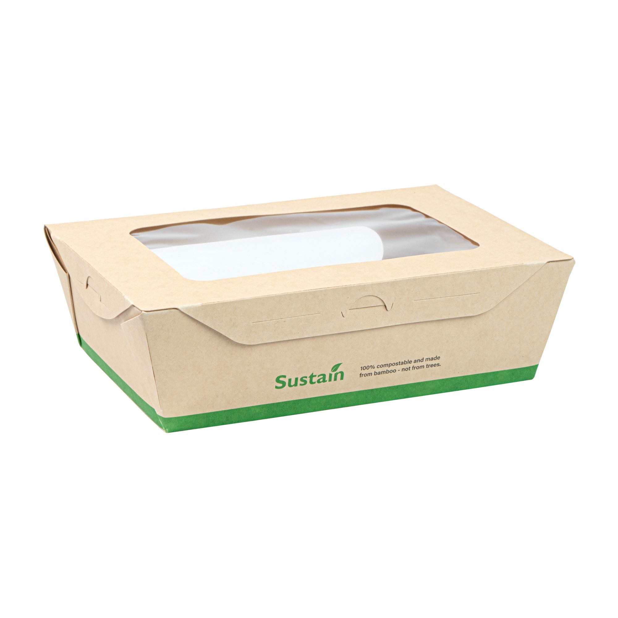 Sustain 57 oz Bamboo Paper Extra Large Bio Take Out Container - with PLA Lining, Windows, Compostable - 8" x 5 1/2" x 2 1/2" - 200 count box