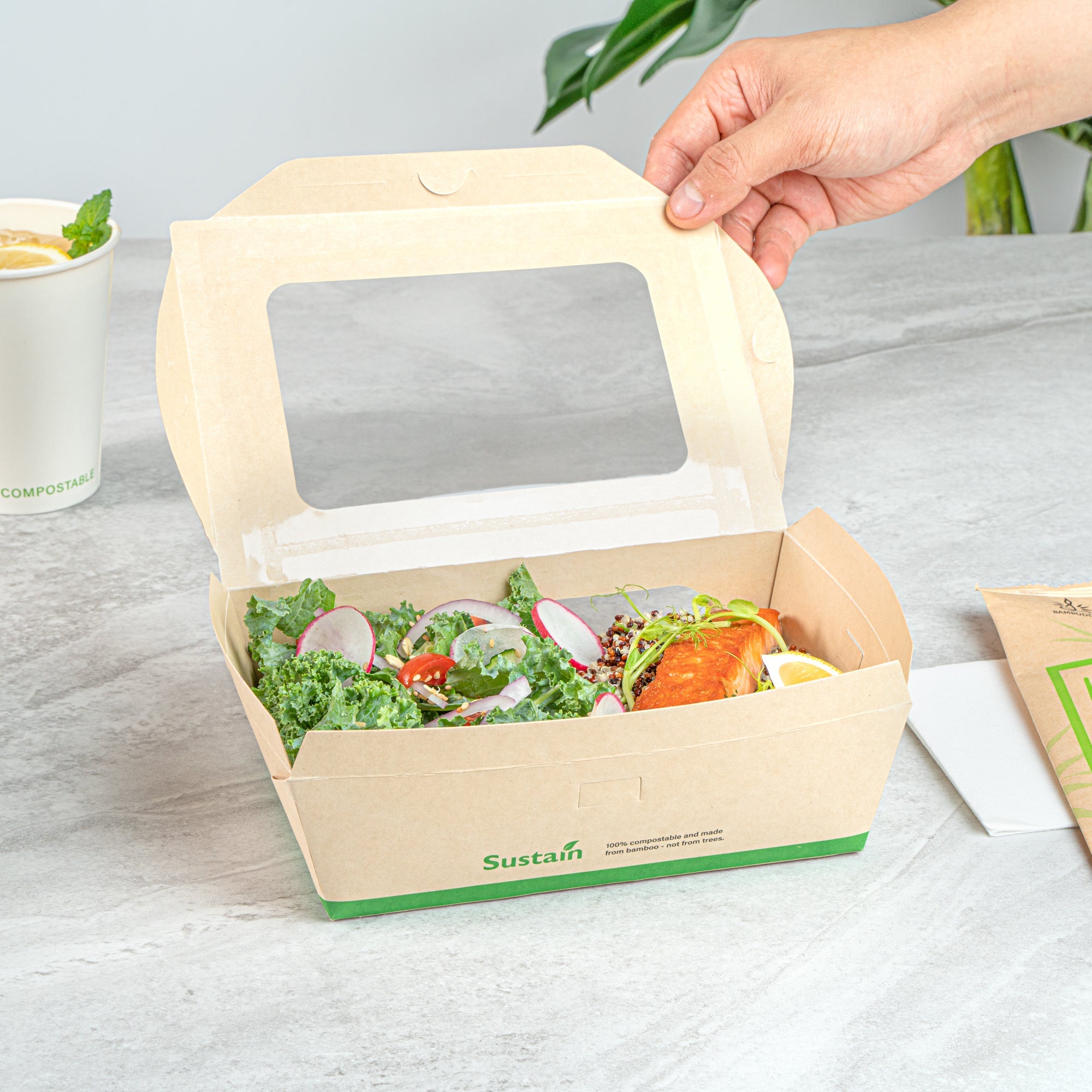 Sustain 57 oz Bamboo Paper Extra Large Bio Take Out Container - with PLA Lining, Windows, Compostable - 8" x 5 1/2" x 2 1/2" - 200 count box