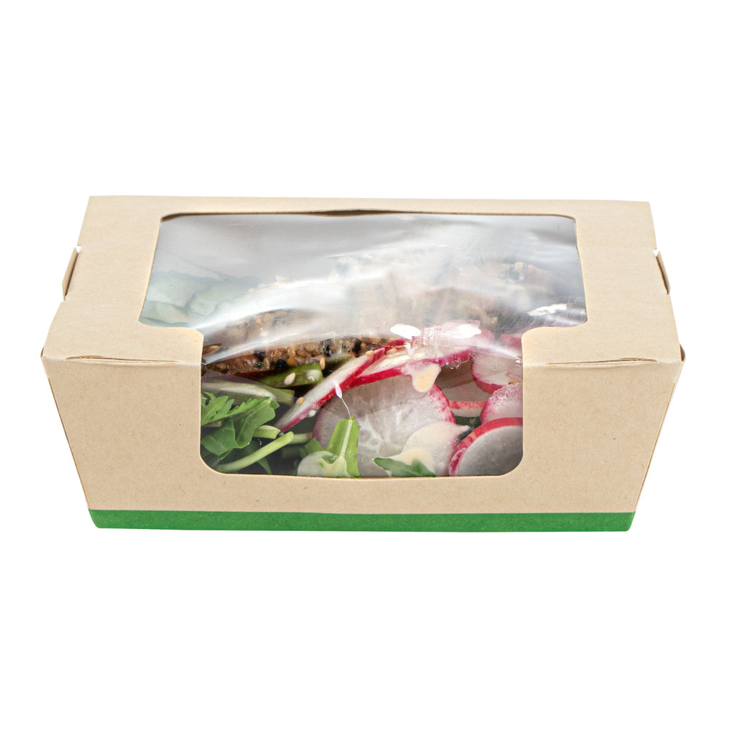 Sustain 26 oz Bamboo Paper Medium Bio Salad Box - with PLA Lining and Window, Compostable - 5 3/4" x 5 3/4" x 1 3/4" - 50 count box