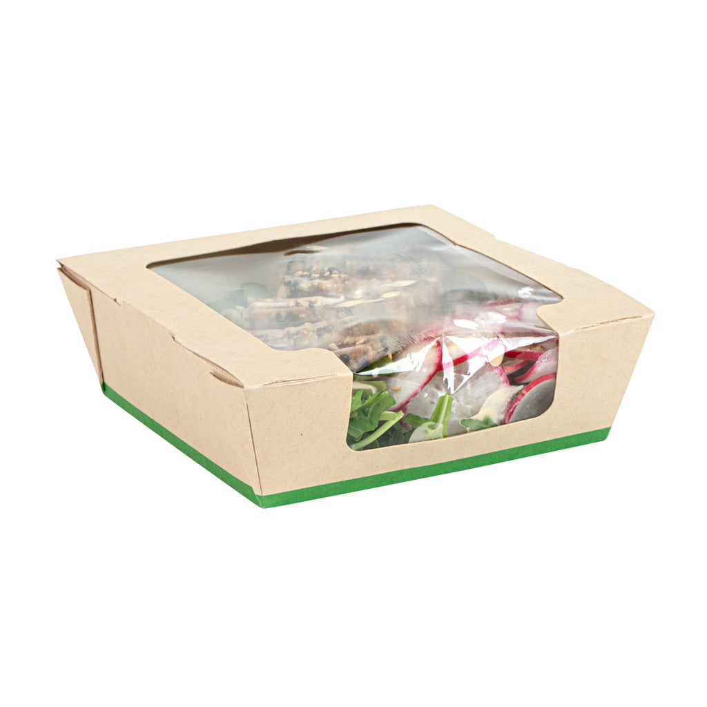 Sustain 26 oz Bamboo Paper Medium Bio Salad Box - with PLA Lining and Window, Compostable - 5 3/4" x 5 3/4" x 1 3/4" - 50 count box