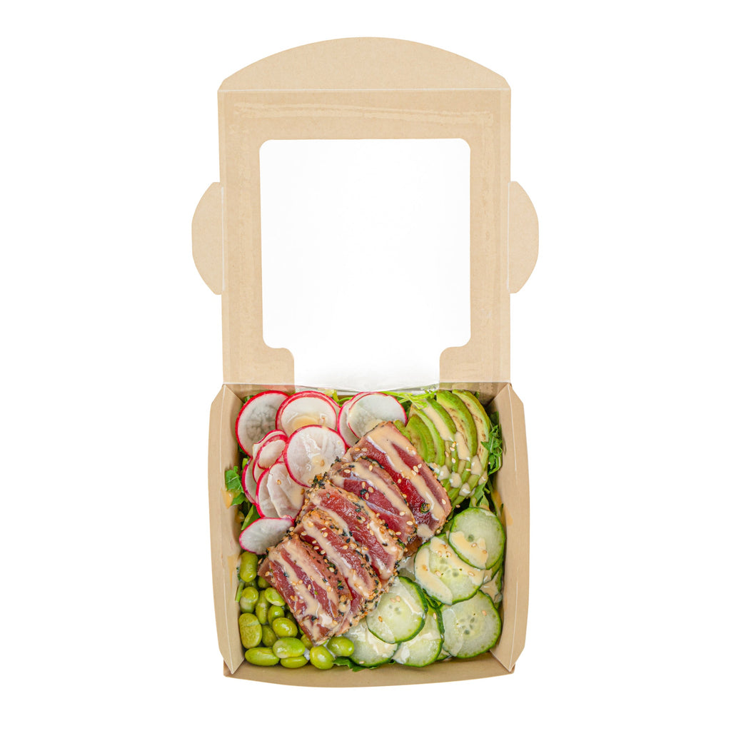 Sustain 26 oz Bamboo Paper Medium Bio Salad Box - with PLA Lining and Window, Compostable - 5 3/4" x 5 3/4" x 1 3/4" - 50 count box
