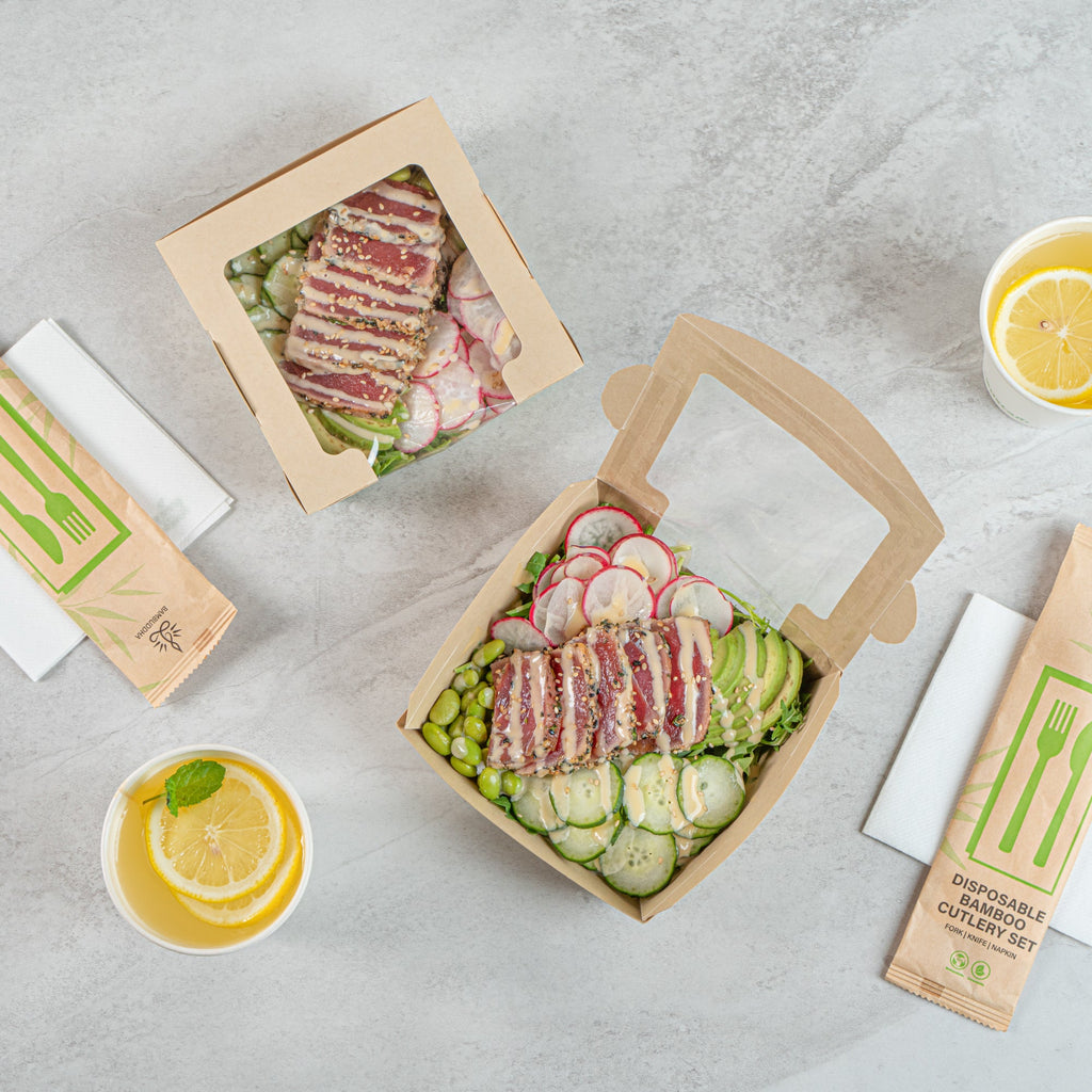 Sustain 26 oz Bamboo Paper Medium Bio Salad Box - with PLA Lining and Window, Compostable - 5 3/4" x 5 3/4" x 1 3/4" - 50 count box