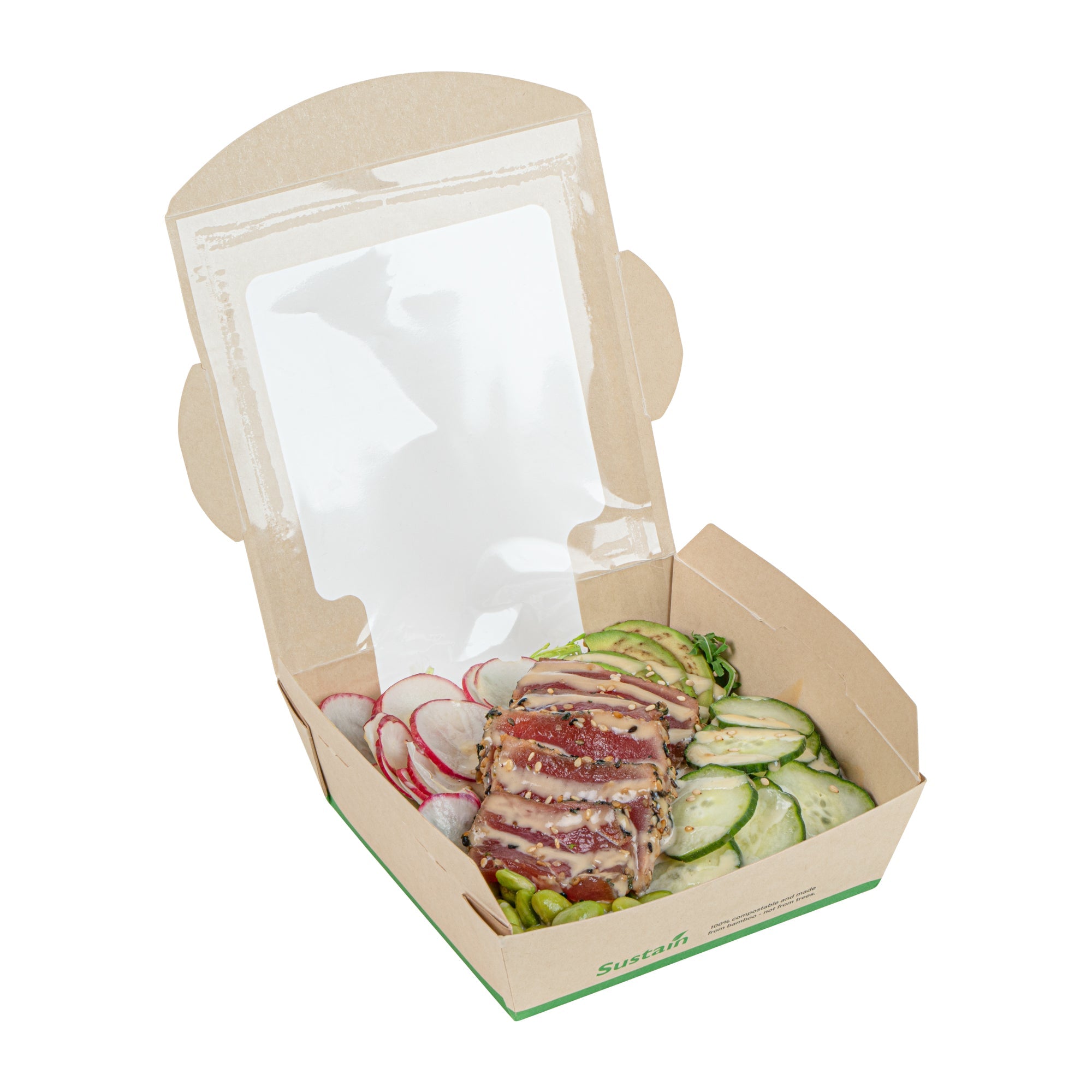 Sustain 26 oz Bamboo Paper Medium Bio Salad Box - with PLA Lining and Window, Compostable - 5 3/4" x 5 3/4" x 1 3/4" - 200 count box