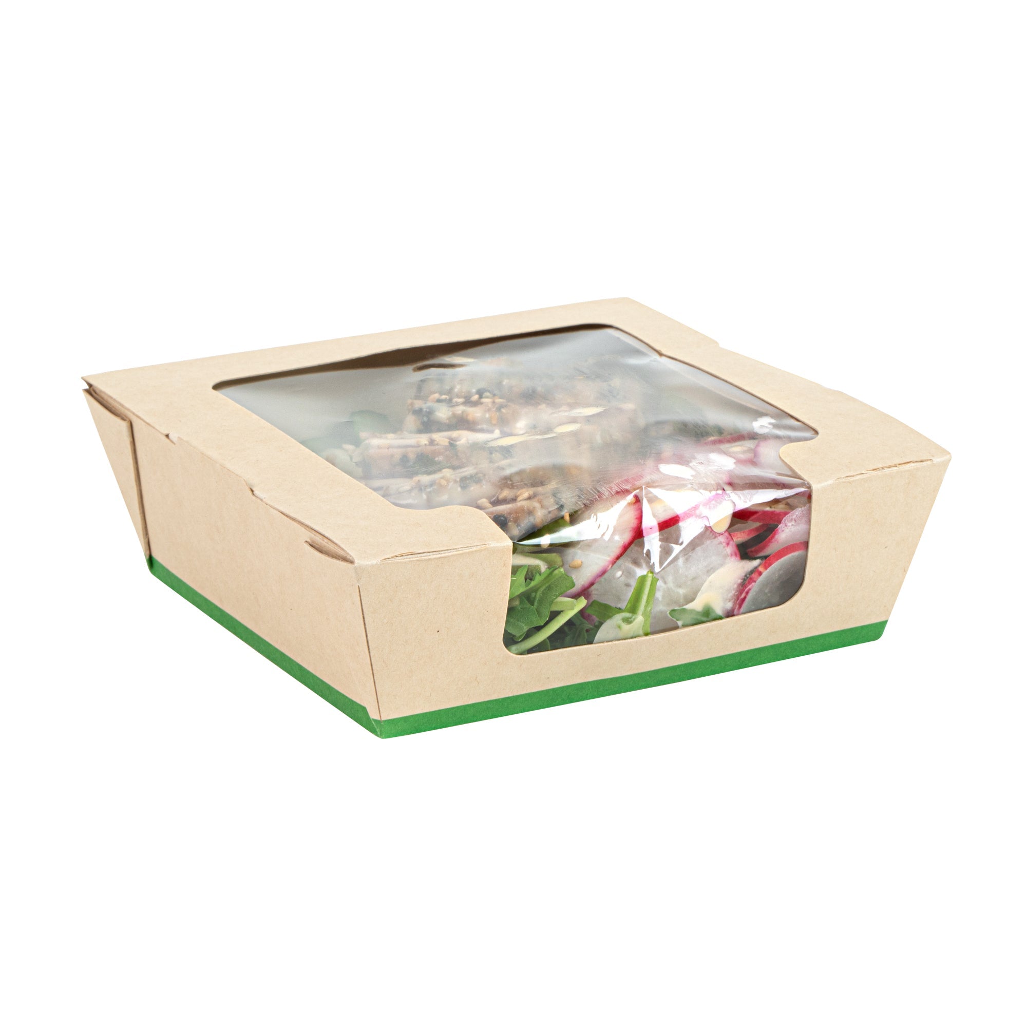 Sustain 26 oz Bamboo Paper Medium Bio Salad Box - with PLA Lining and Window, Compostable - 5 3/4" x 5 3/4" x 1 3/4" - 200 count box