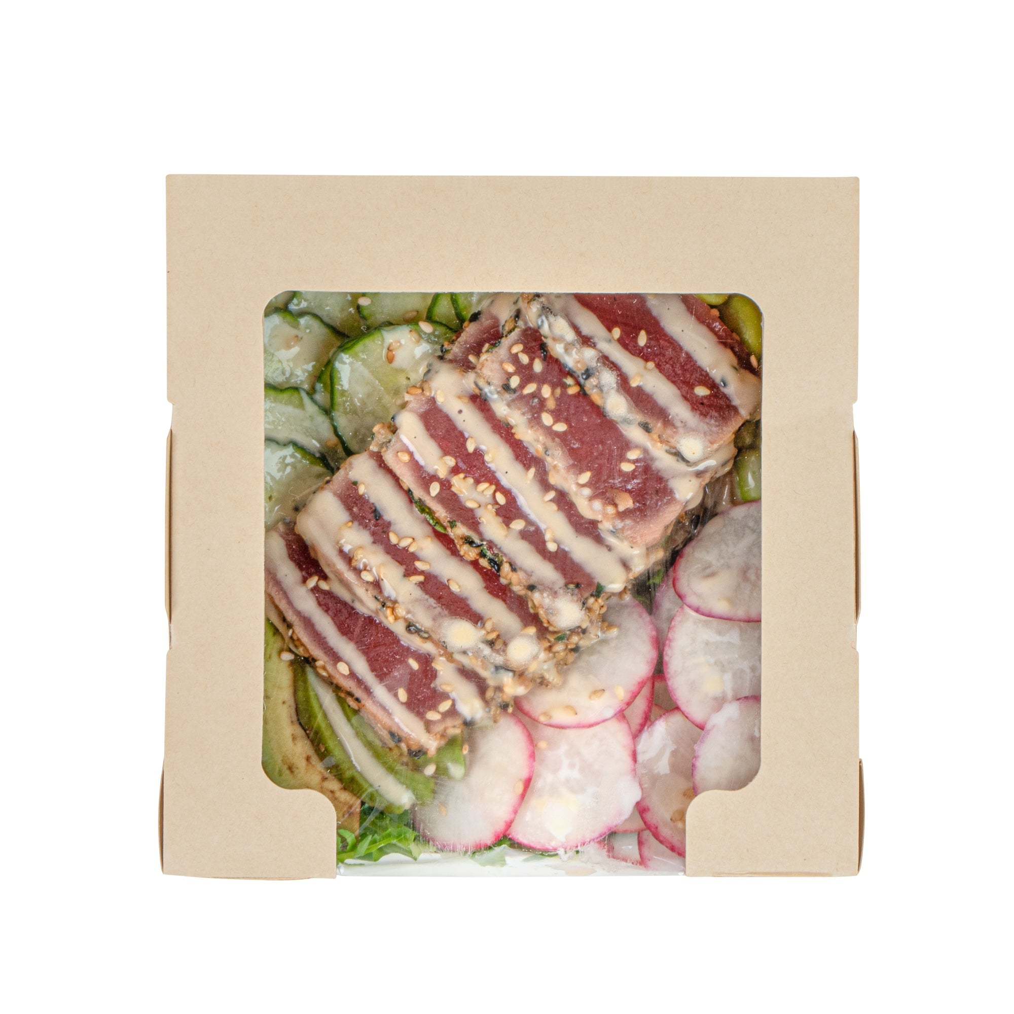 Sustain 26 oz Bamboo Paper Medium Bio Salad Box - with PLA Lining and Window, Compostable - 5 3/4" x 5 3/4" x 1 3/4" - 200 count box
