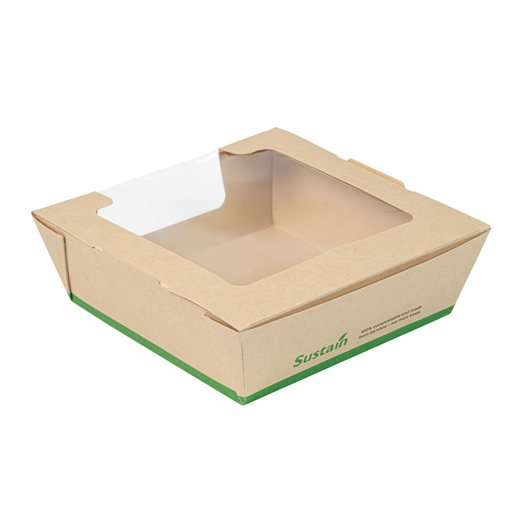 Sustain 26 oz Bamboo Paper Medium Bio Salad Box - with PLA Lining and Window, Compostable - 5 3/4" x 5 3/4" x 1 3/4" - 200 count box
