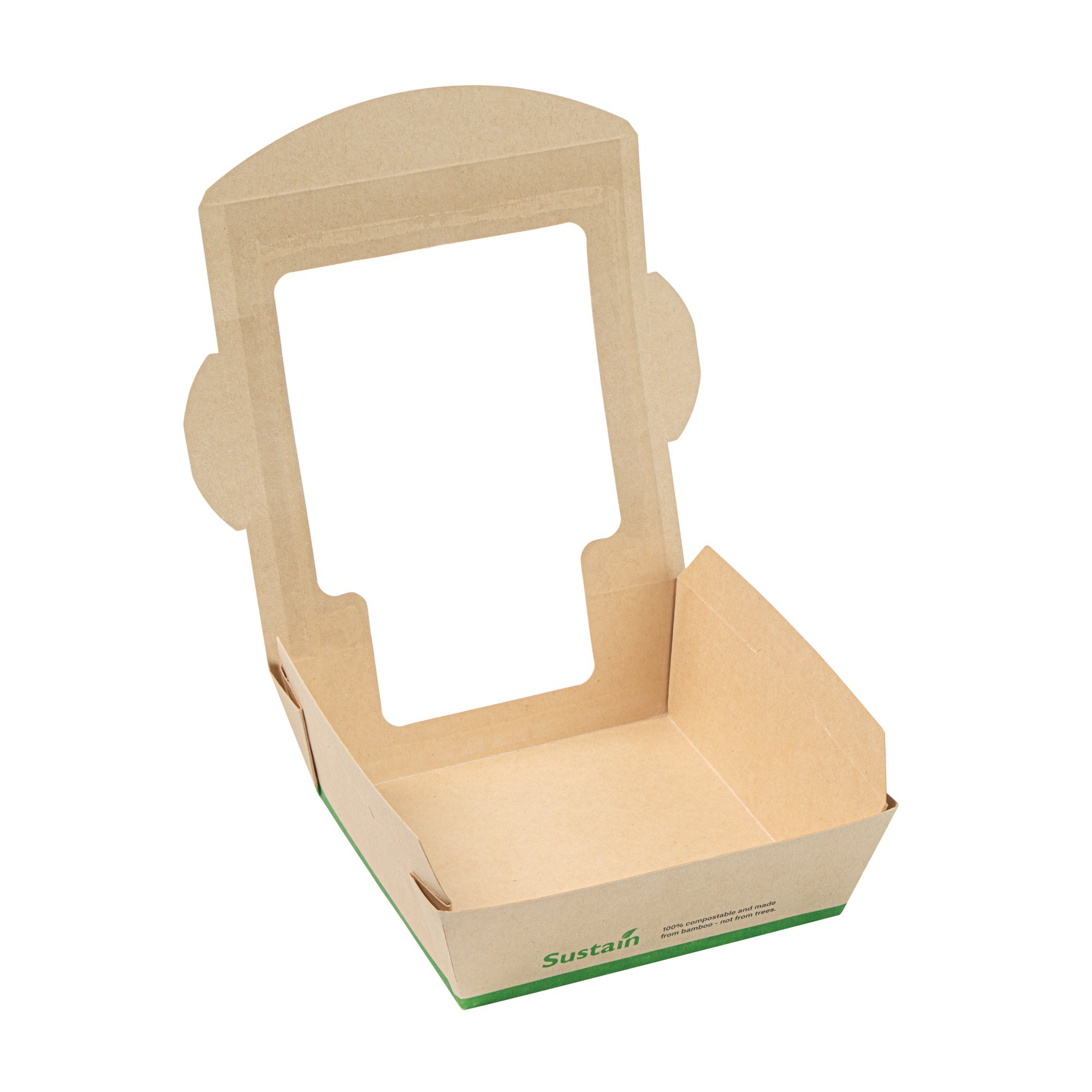Sustain 26 oz Bamboo Paper Medium Bio Salad Box - with PLA Lining and Window, Compostable - 5 3/4" x 5 3/4" x 1 3/4" - 200 count box