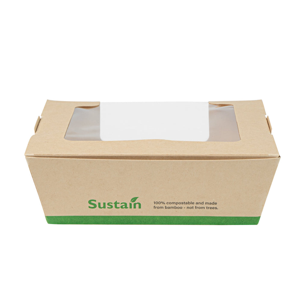 Sustain 26 oz Bamboo Paper Medium Bio Salad Box - with PLA Lining and Window, Compostable - 5 3/4" x 5 3/4" x 1 3/4" - 200 count box