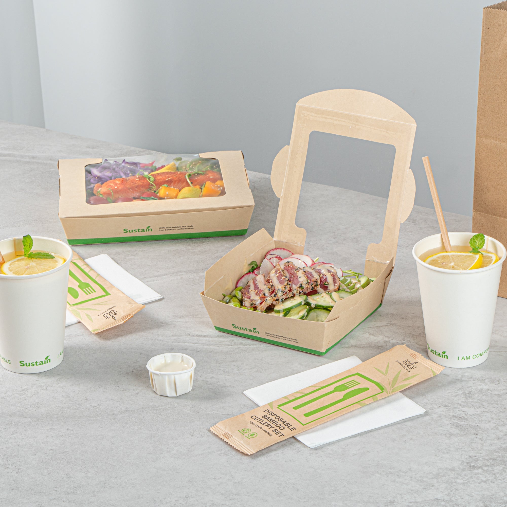 Sustain 26 oz Bamboo Paper Medium Bio Salad Box - with PLA Lining and Window, Compostable - 5 3/4" x 5 3/4" x 1 3/4" - 200 count box