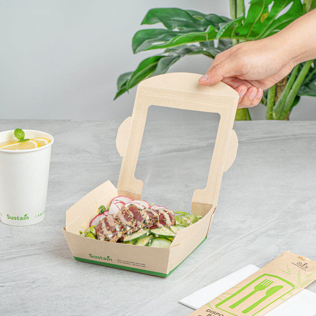 Sustain 26 oz Bamboo Paper Medium Bio Salad Box - with PLA Lining and Window, Compostable - 5 3/4" x 5 3/4" x 1 3/4" - 200 count box