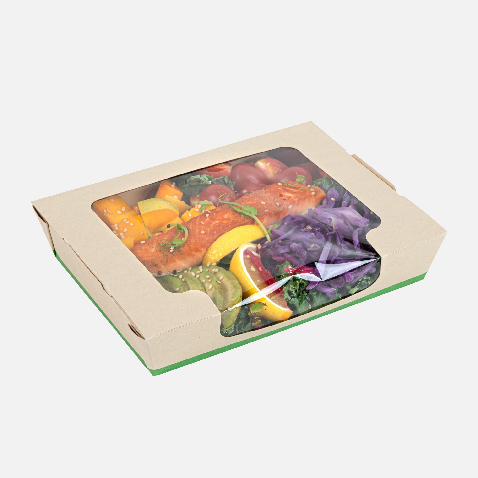 Sustain 40 oz Bamboo Paper Large Bio Salad Box - with PLA Lining and Window, Compostable - 8 1/4" x 6 1/4" x 1 1/2" - 50 count box