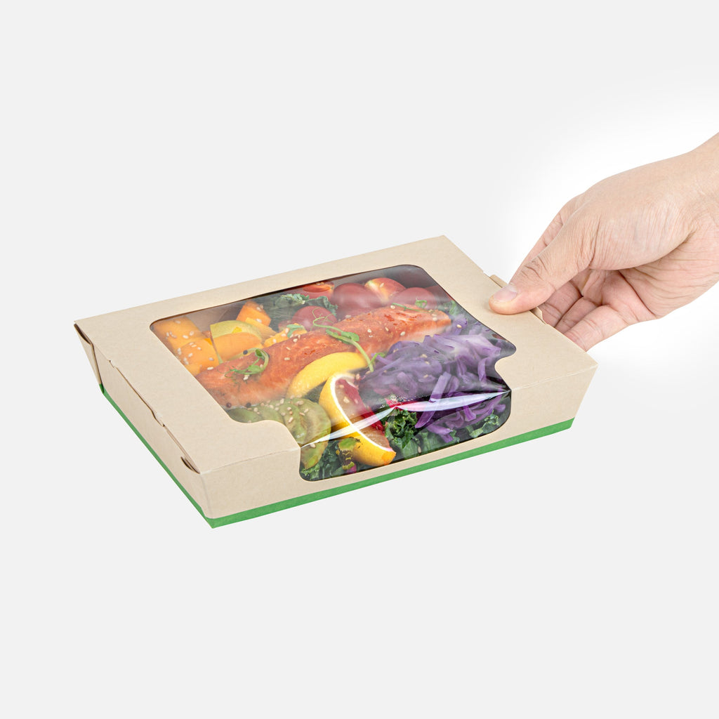 Sustain 40 oz Bamboo Paper Large Bio Salad Box - with PLA Lining and Window, Compostable - 8 1/4" x 6 1/4" x 1 1/2" - 50 count box