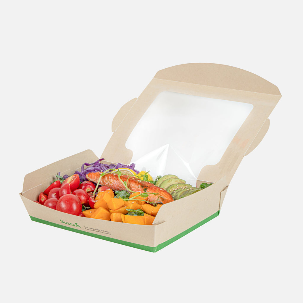 Sustain 40 oz Bamboo Paper Large Bio Salad Box - with PLA Lining and Window, Compostable - 8 1/4" x 6 1/4" x 1 1/2" - 50 count box