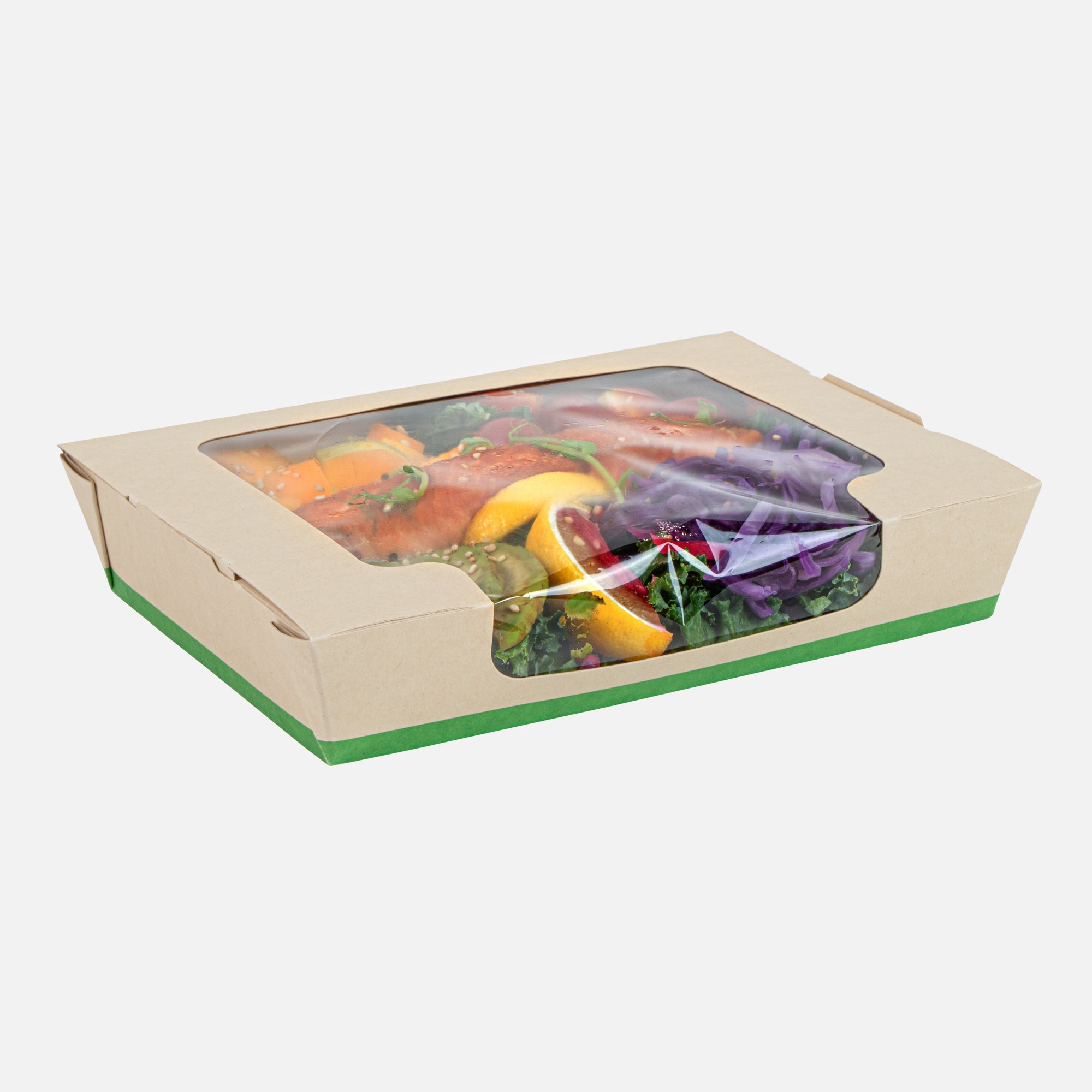 Sustain 40 oz Bamboo Paper Large Bio Salad Box - with PLA Lining and Window, Compostable - 8 1/4" x 6 1/4" x 1 1/2" - 50 count box