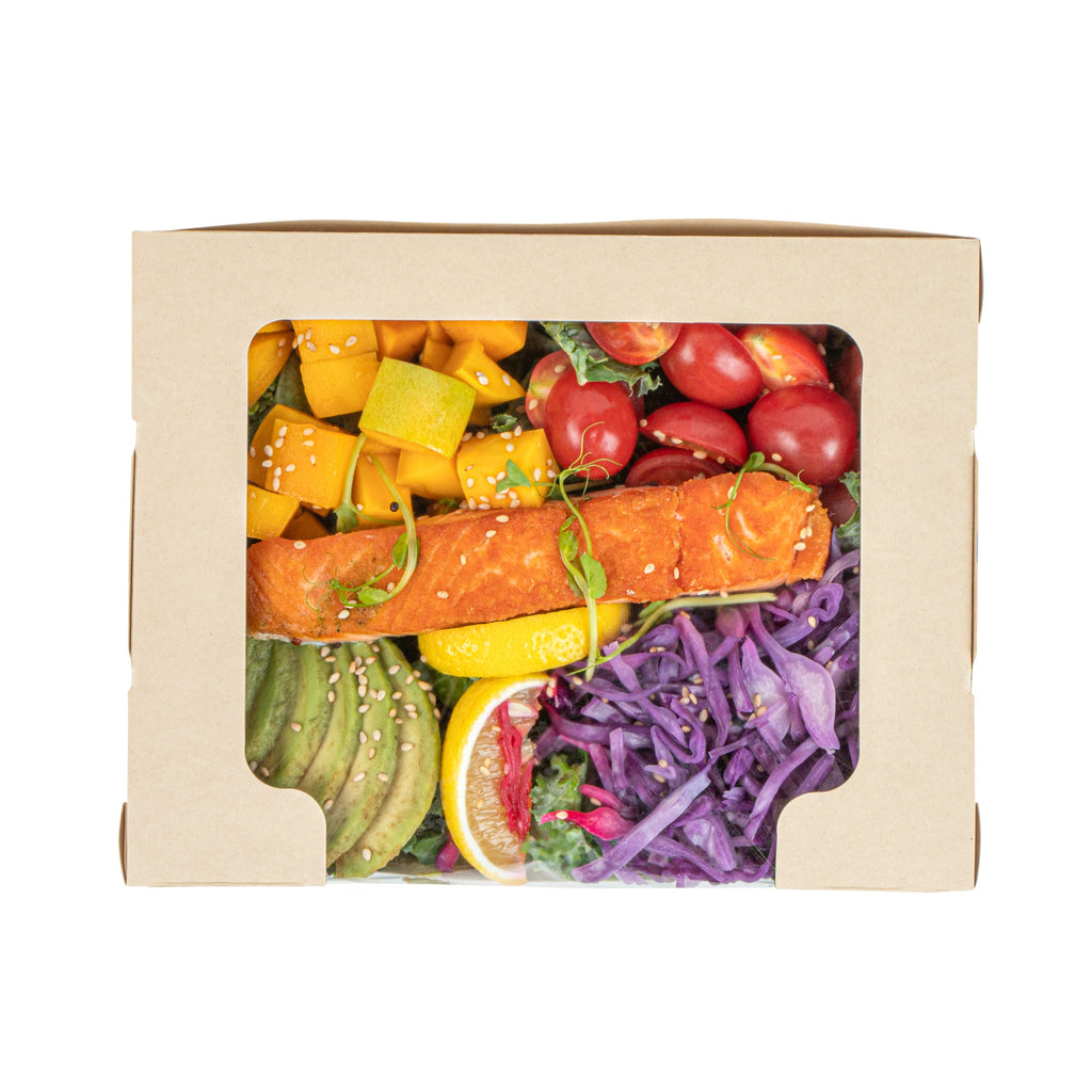 Sustain 40 oz Bamboo Paper Large Bio Salad Box - with PLA Lining and Window, Compostable - 8 1/4" x 6 1/4" x 1 1/2" - 50 count box