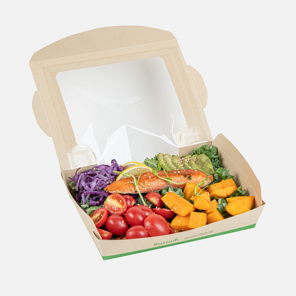 Sustain 40 oz Bamboo Paper Large Bio Salad Box - with PLA Lining and Window, Compostable - 8 1/4" x 6 1/4" x 1 1/2" - 200 count box