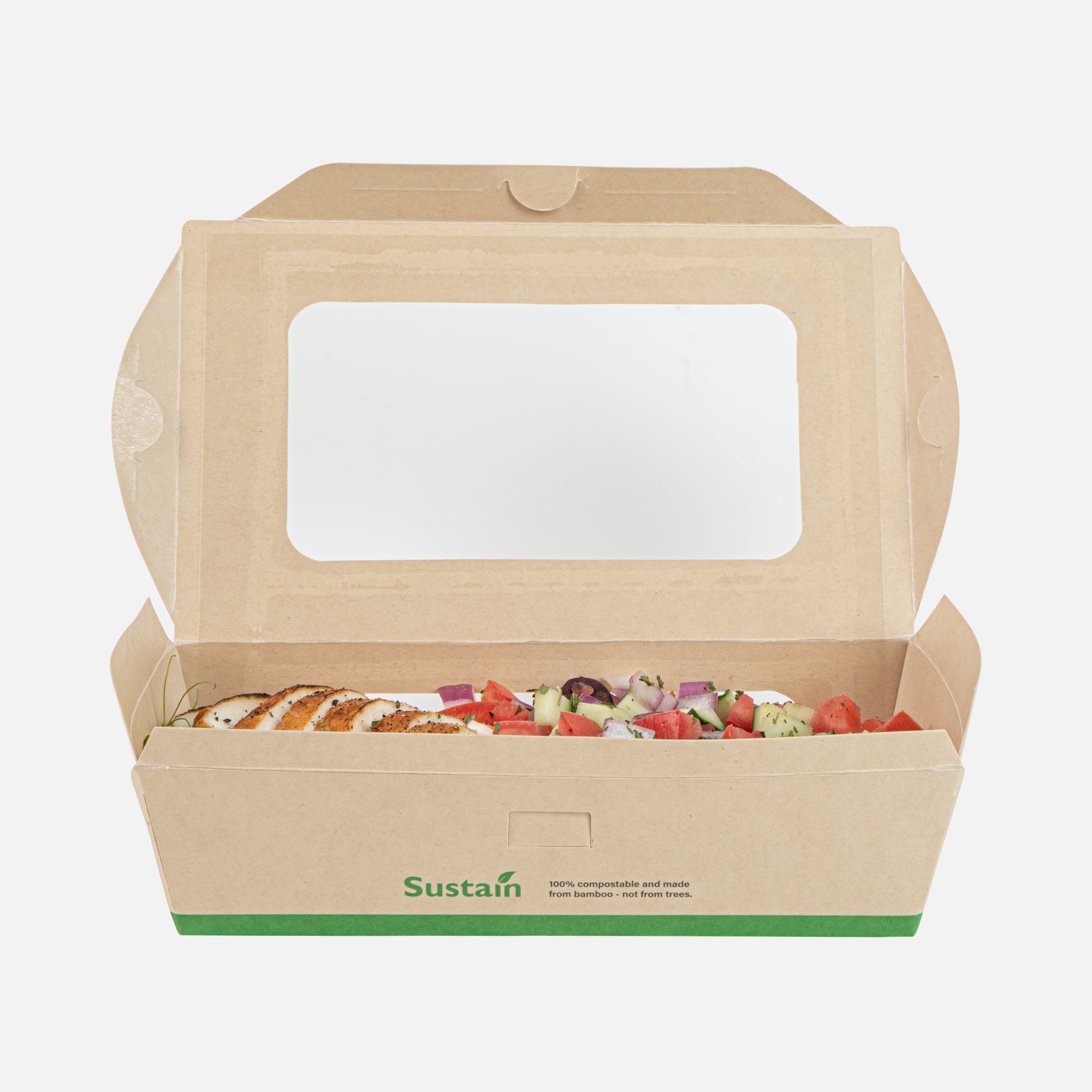Sustain 40 oz Bamboo Paper Large Bio Salad Box - with PLA Lining and Window, Compostable - 8 1/4" x 6 1/4" x 1 1/2" - 200 count box