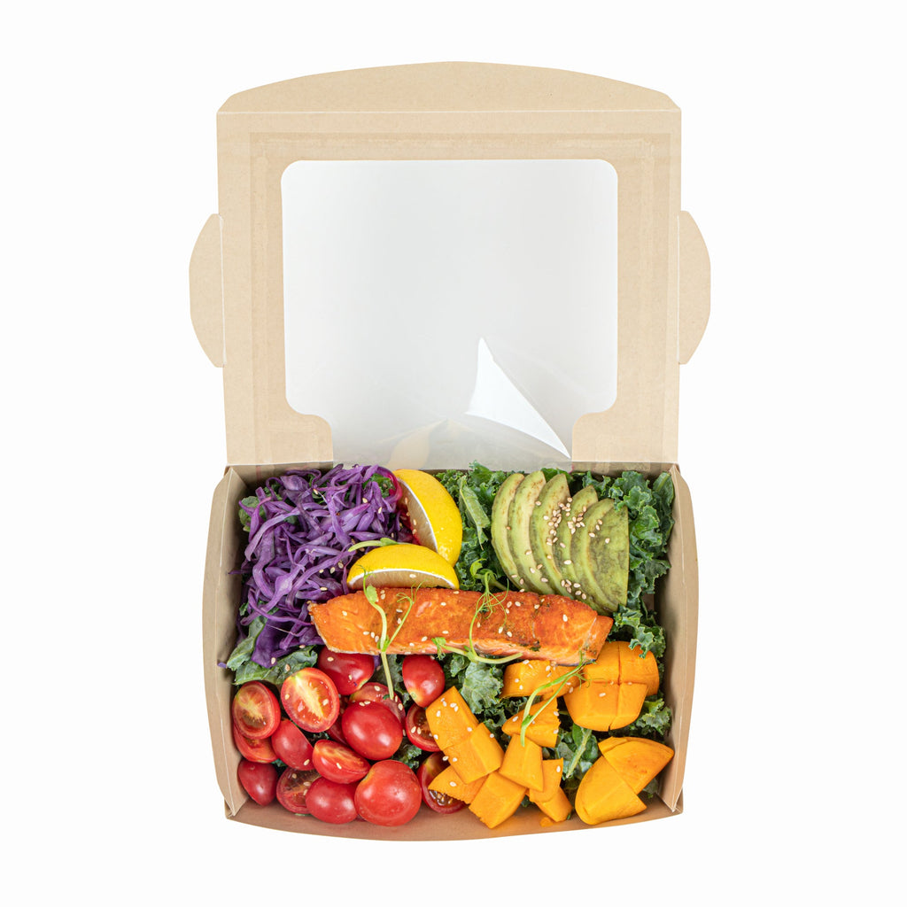Sustain 40 oz Bamboo Paper Large Bio Salad Box - with PLA Lining and Window, Compostable - 8 1/4" x 6 1/4" x 1 1/2" - 200 count box