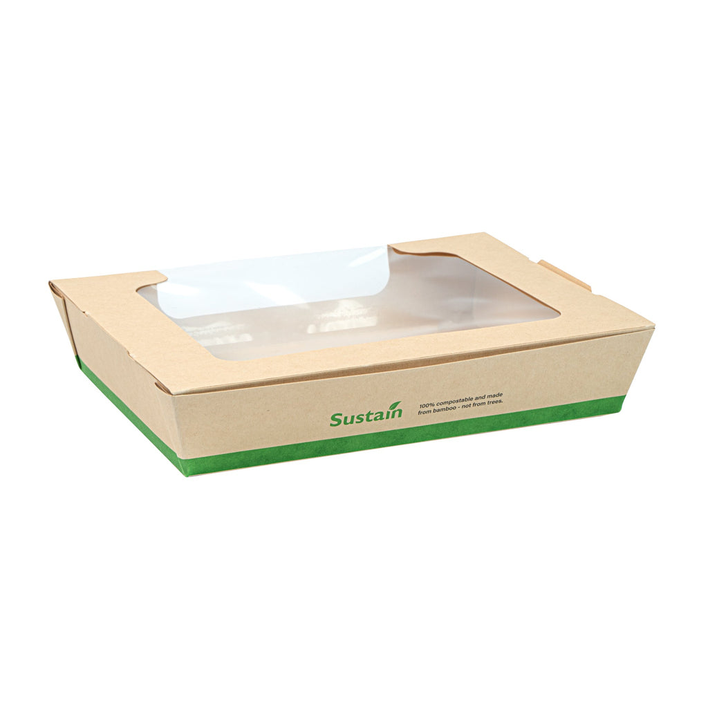 Sustain 40 oz Bamboo Paper Large Bio Salad Box - with PLA Lining and Window, Compostable - 8 1/4" x 6 1/4" x 1 1/2" - 200 count box