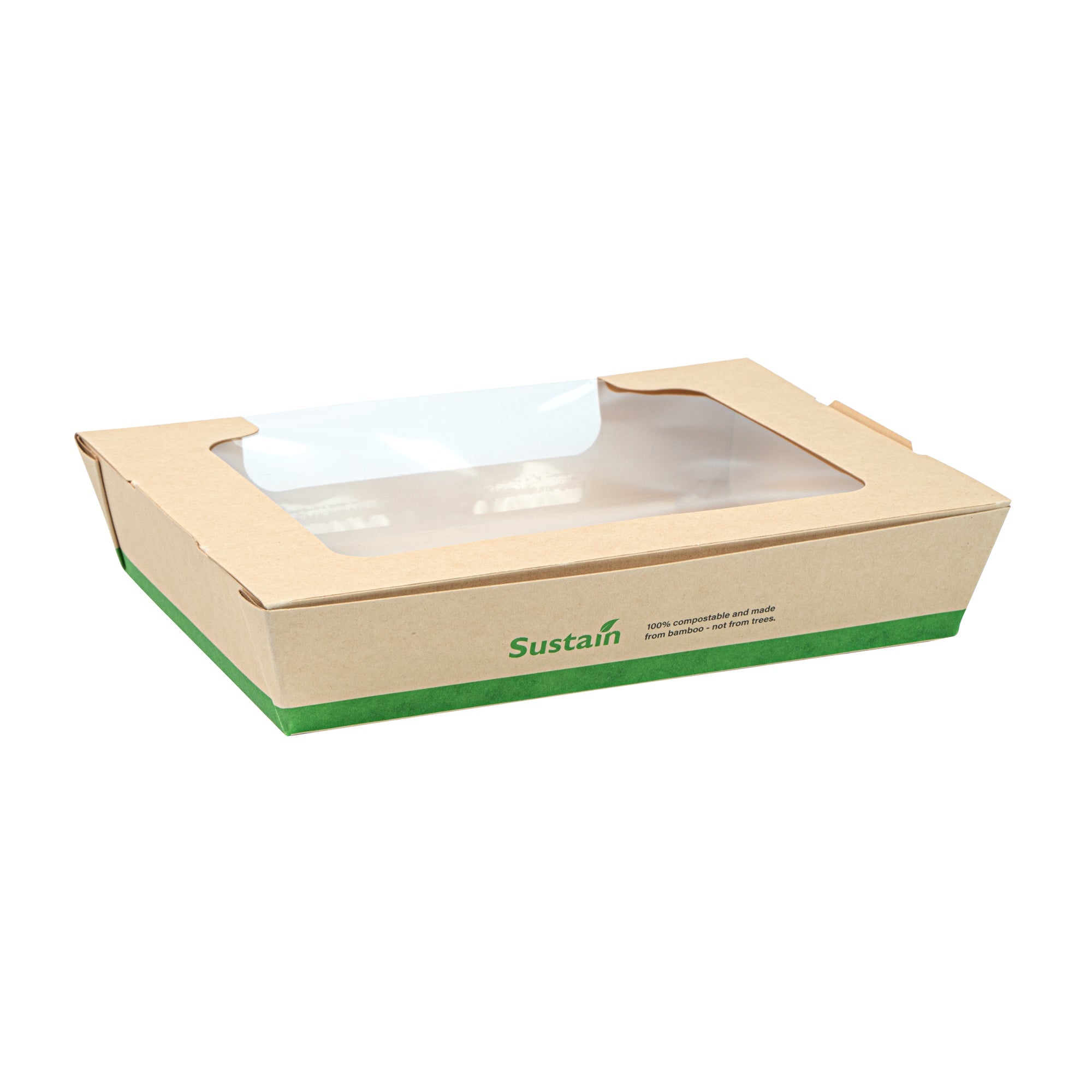 Sustain 40 oz Bamboo Paper Large Bio Salad Box - with PLA Lining and Window, Compostable - 8 1/4" x 6 1/4" x 1 1/2" - 200 count box