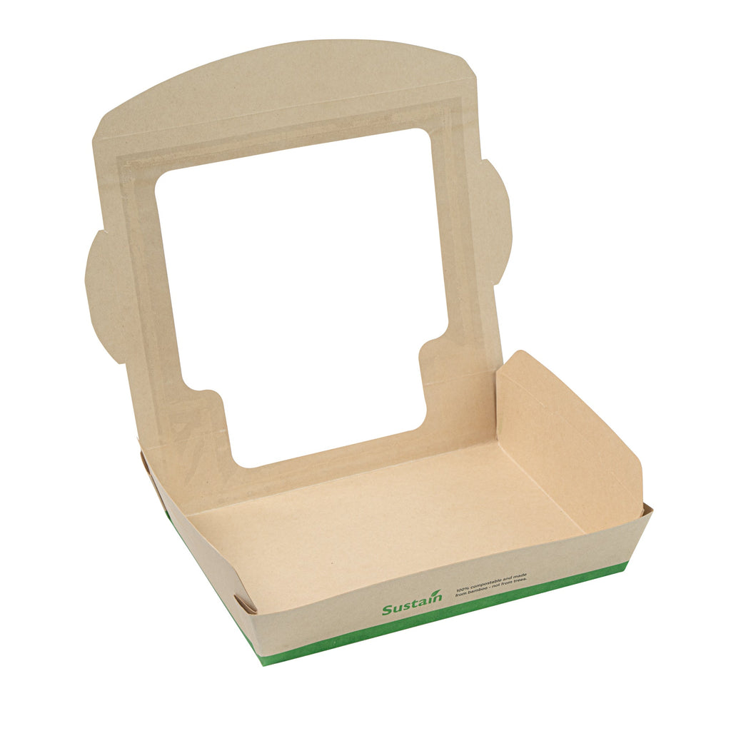 Sustain 40 oz Bamboo Paper Large Bio Salad Box - with PLA Lining and Window, Compostable - 8 1/4" x 6 1/4" x 1 1/2" - 200 count box