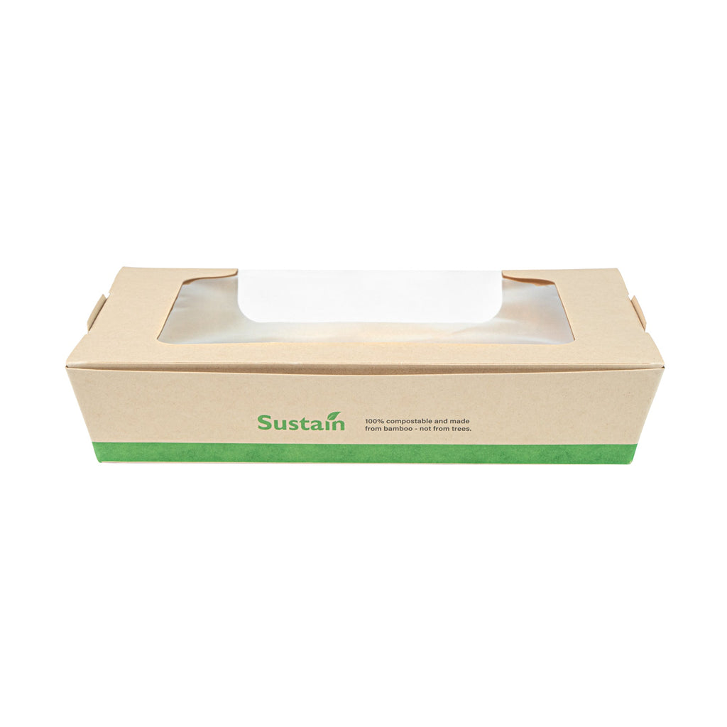 Sustain 40 oz Bamboo Paper Large Bio Salad Box - with PLA Lining and Window, Compostable - 8 1/4" x 6 1/4" x 1 1/2" - 200 count box