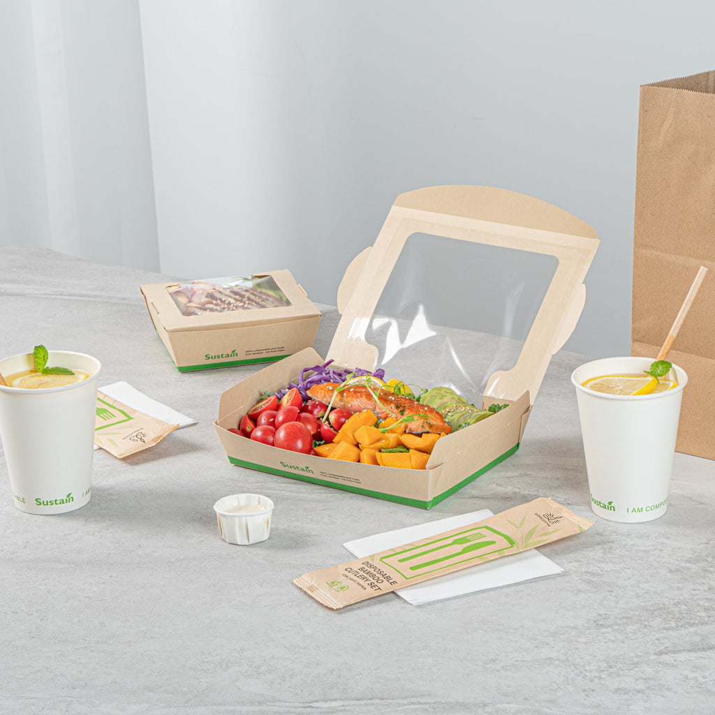 Sustain 40 oz Bamboo Paper Large Bio Salad Box - with PLA Lining and Window, Compostable - 8 1/4" x 6 1/4" x 1 1/2" - 200 count box