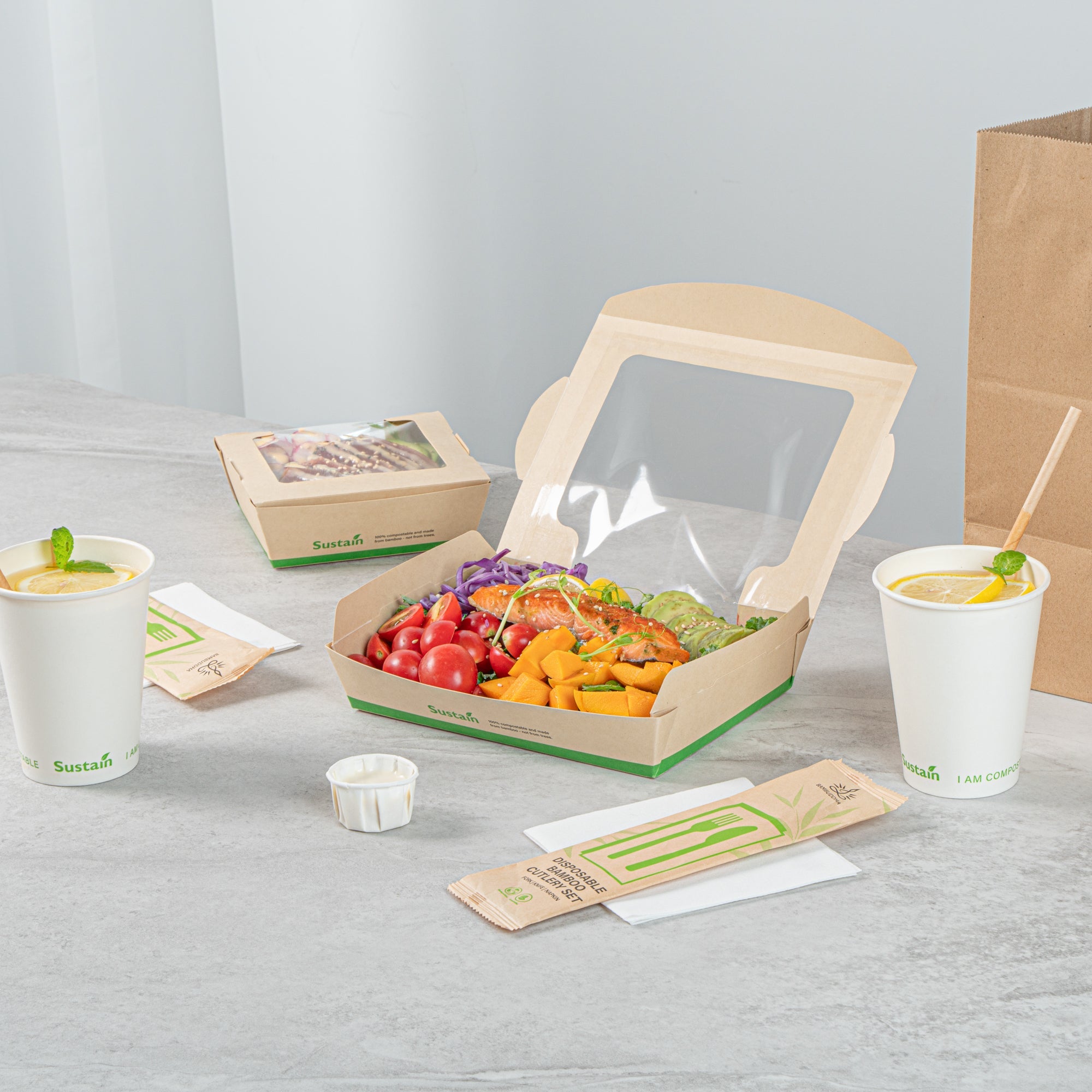 Sustain 40 oz Bamboo Paper Large Bio Salad Box - with PLA Lining and Window, Compostable - 8 1/4" x 6 1/4" x 1 1/2" - 200 count box