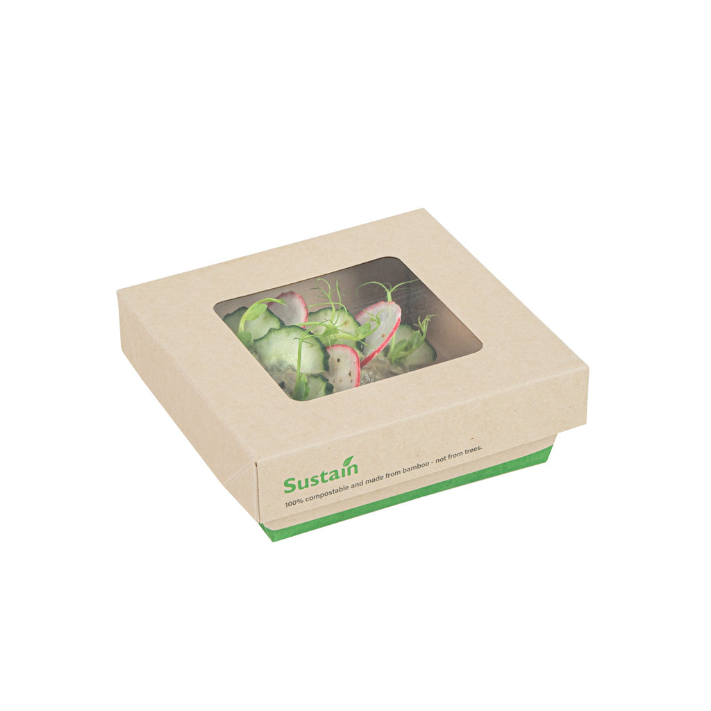 Sustain 13 oz Bamboo Paper Small Take Out Container - with PLA Lining and Window, Compostable - 4 1/2" x 4 1/2" x 1 1/2" - 200 count box