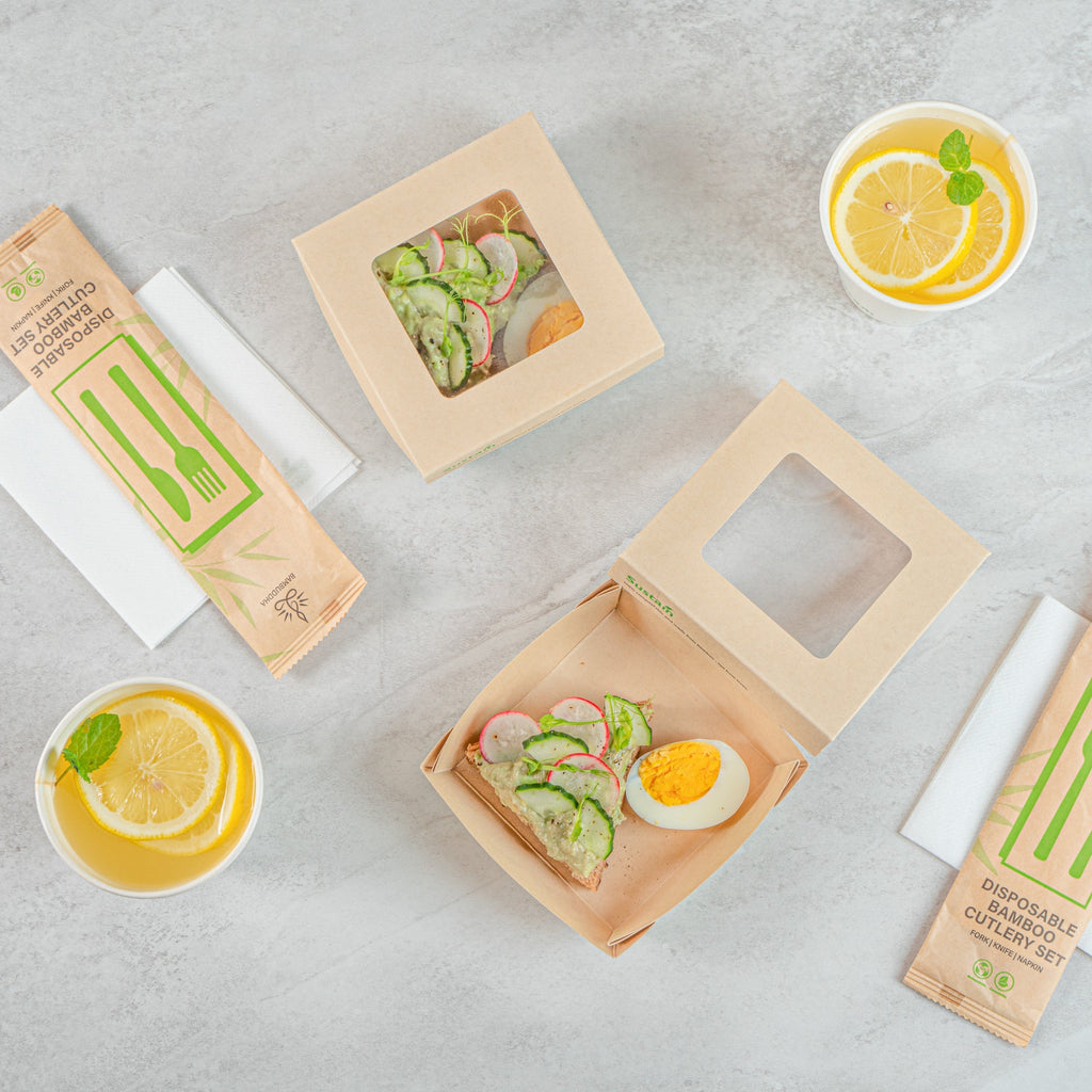 Sustain 13 oz Bamboo Paper Small Take Out Container - with PLA Lining and Window, Compostable - 4 1/2" x 4 1/2" x 1 1/2" - 200 count box