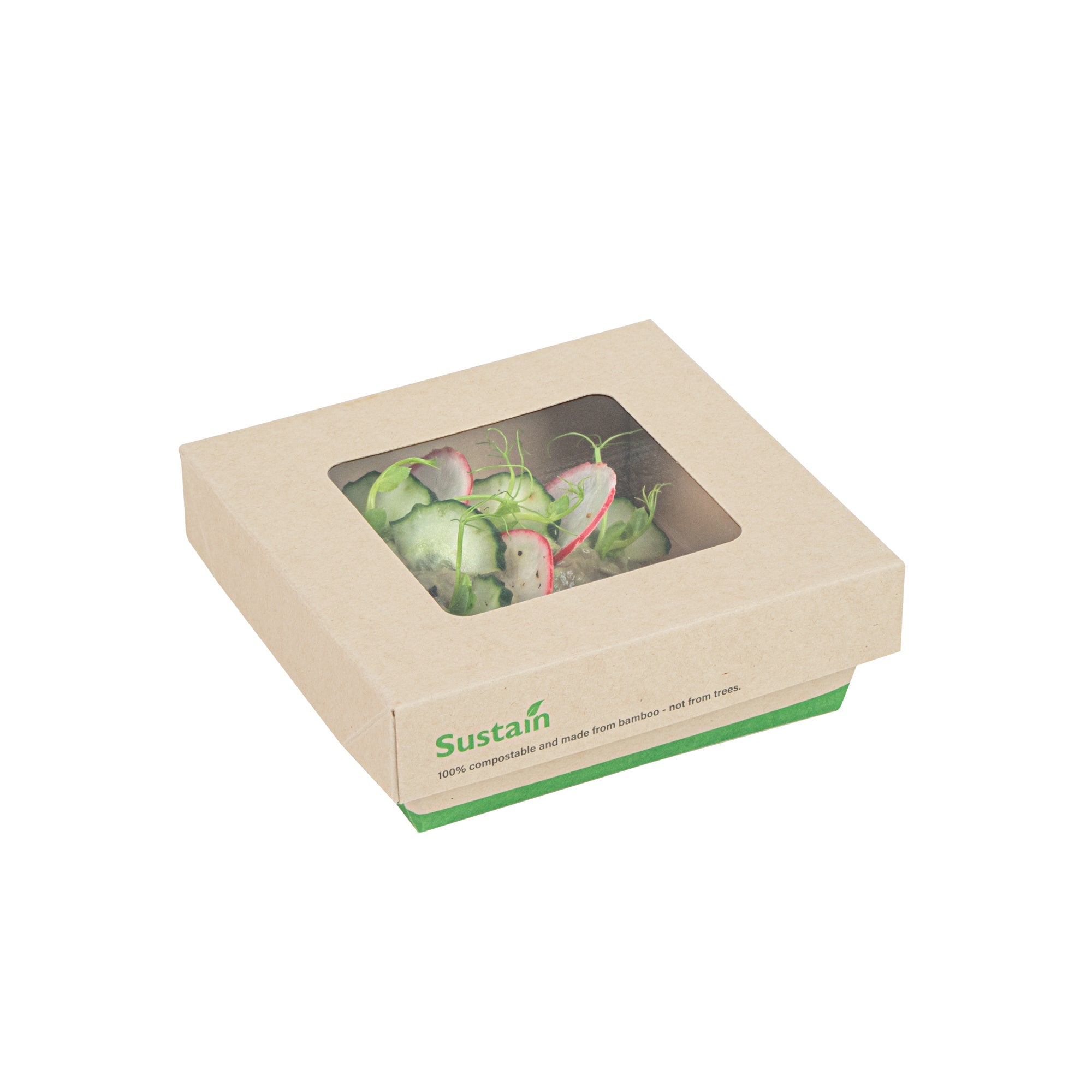Sustain 13 oz Bamboo Paper Small Take Out Container - with PLA Lining and Window, Compostable - 4 1/2" x 4 1/2" x 1 1/2" - 50 count box