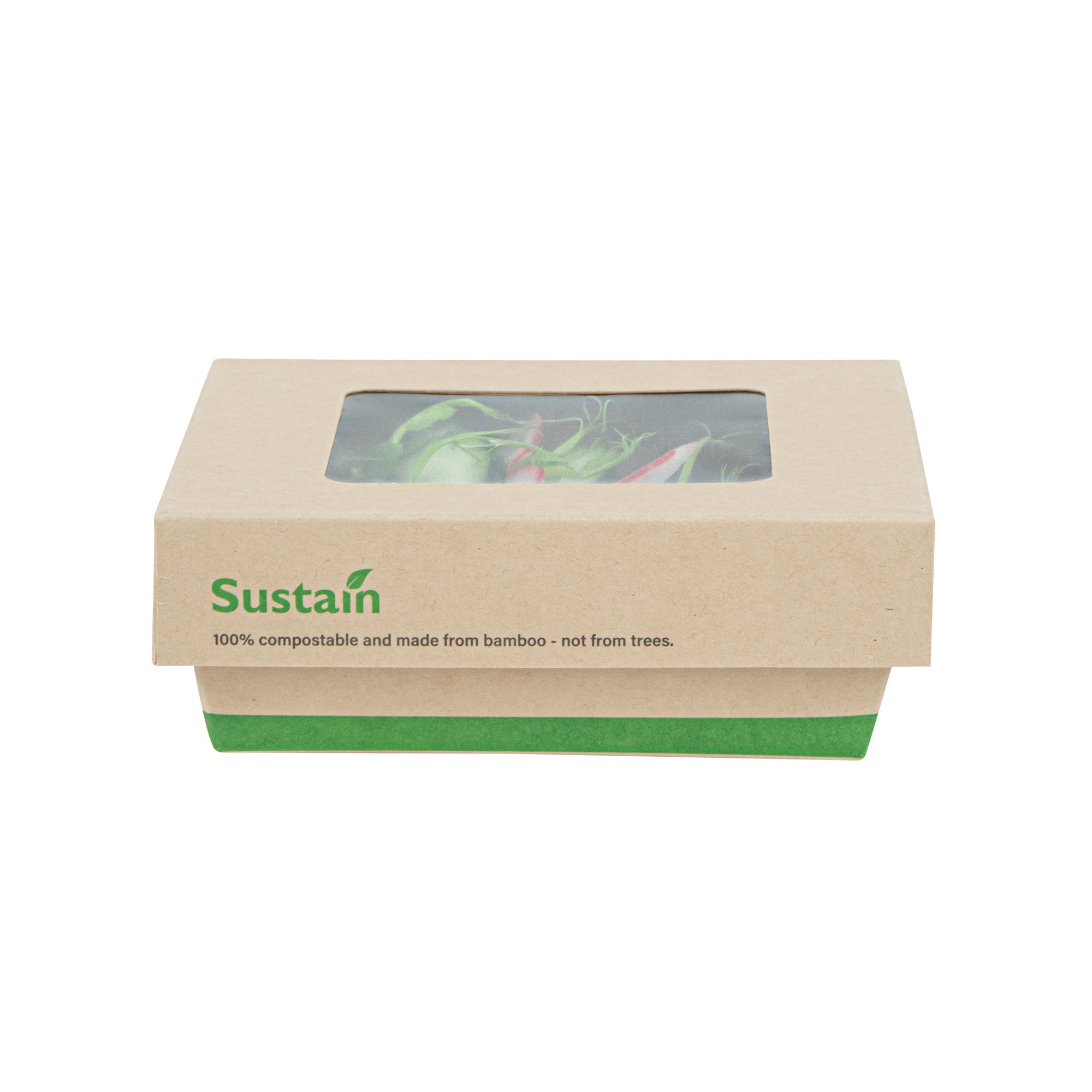 Sustain 13 oz Bamboo Paper Small Take Out Container - with PLA Lining and Window, Compostable - 4 1/2" x 4 1/2" x 1 1/2" - 50 count box
