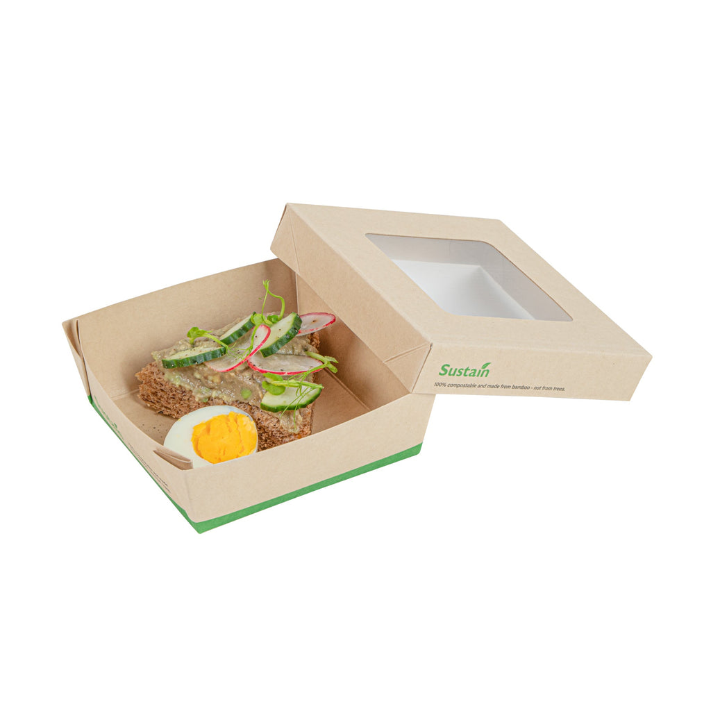 Sustain 13 oz Bamboo Paper Small Take Out Container - with PLA Lining and Window, Compostable - 4 1/2" x 4 1/2" x 1 1/2" - 50 count box