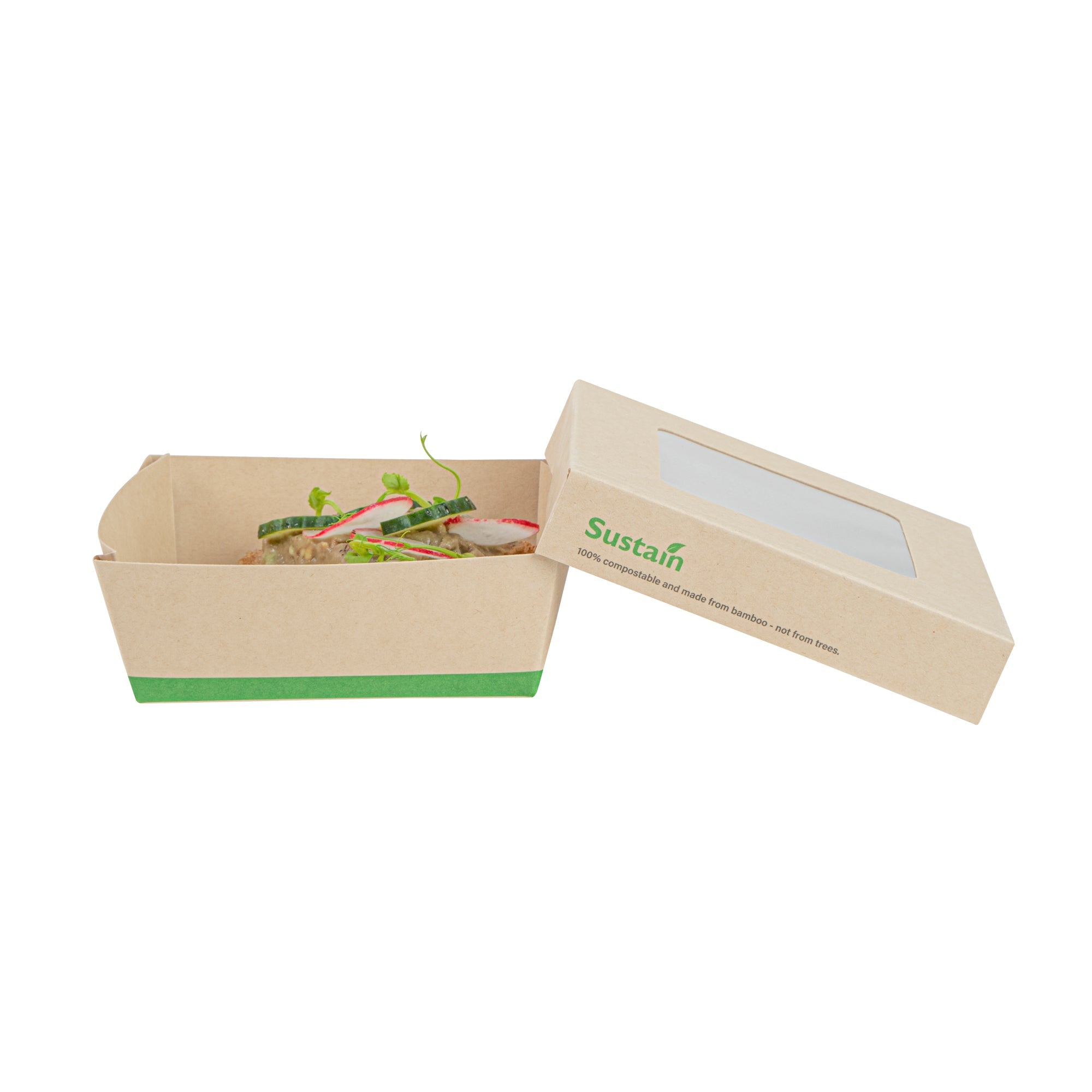 Sustain 13 oz Bamboo Paper Small Take Out Container - with PLA Lining and Window, Compostable - 4 1/2" x 4 1/2" x 1 1/2" - 50 count box