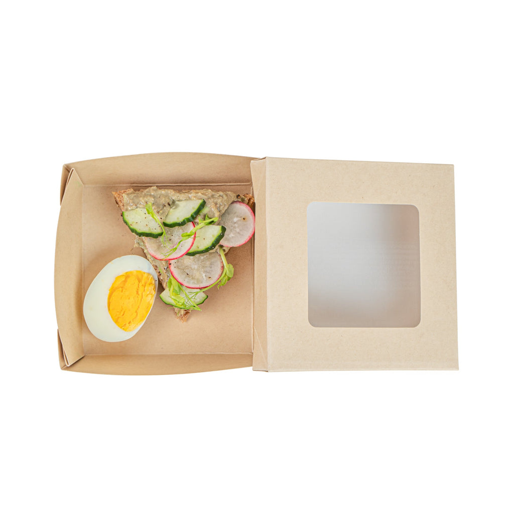 Sustain 13 oz Bamboo Paper Small Take Out Container - with PLA Lining and Window, Compostable - 4 1/2" x 4 1/2" x 1 1/2" - 50 count box