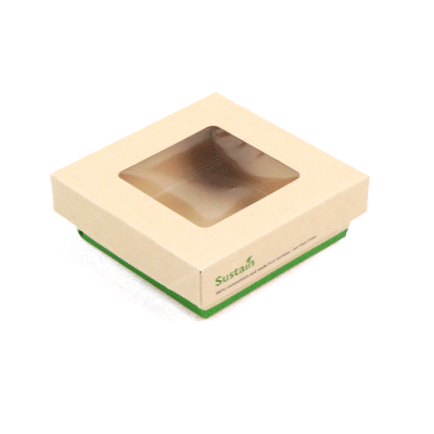 Sustain 13 oz Bamboo Paper Small Take Out Container - with PLA Lining and Window, Compostable - 4 1/2" x 4 1/2" x 1 1/2" - 50 count box
