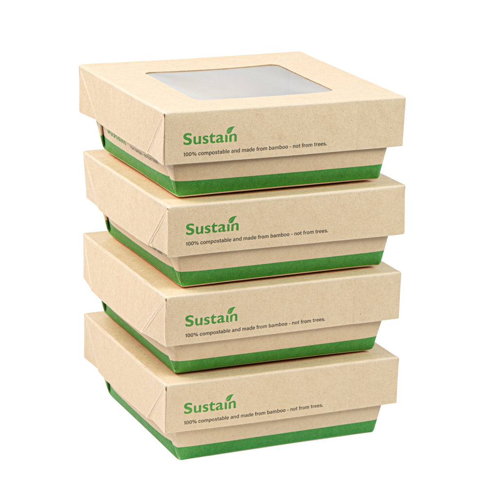 Sustain 13 oz Bamboo Paper Small Take Out Container - with PLA Lining and Window, Compostable - 4 1/2" x 4 1/2" x 1 1/2" - 50 count box