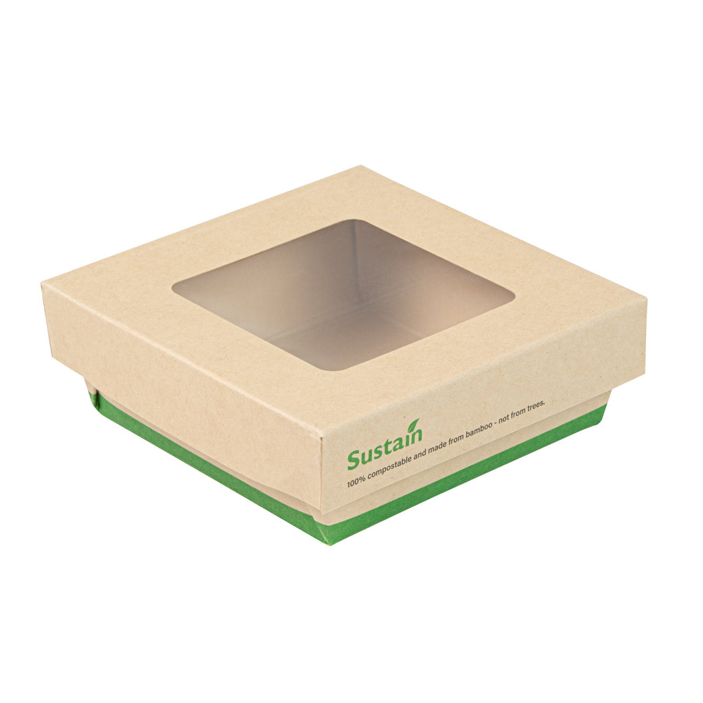 Sustain 13 oz Bamboo Paper Small Take Out Container - with PLA Lining and Window, Compostable - 4 1/2" x 4 1/2" x 1 1/2" - 50 count box