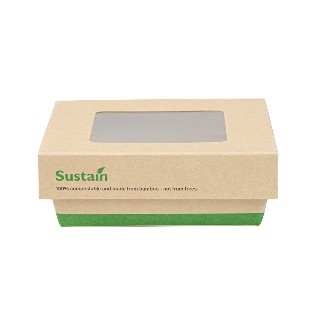 Sustain 13 oz Bamboo Paper Small Take Out Container - with PLA Lining and Window, Compostable - 4 1/2" x 4 1/2" x 1 1/2" - 50 count box