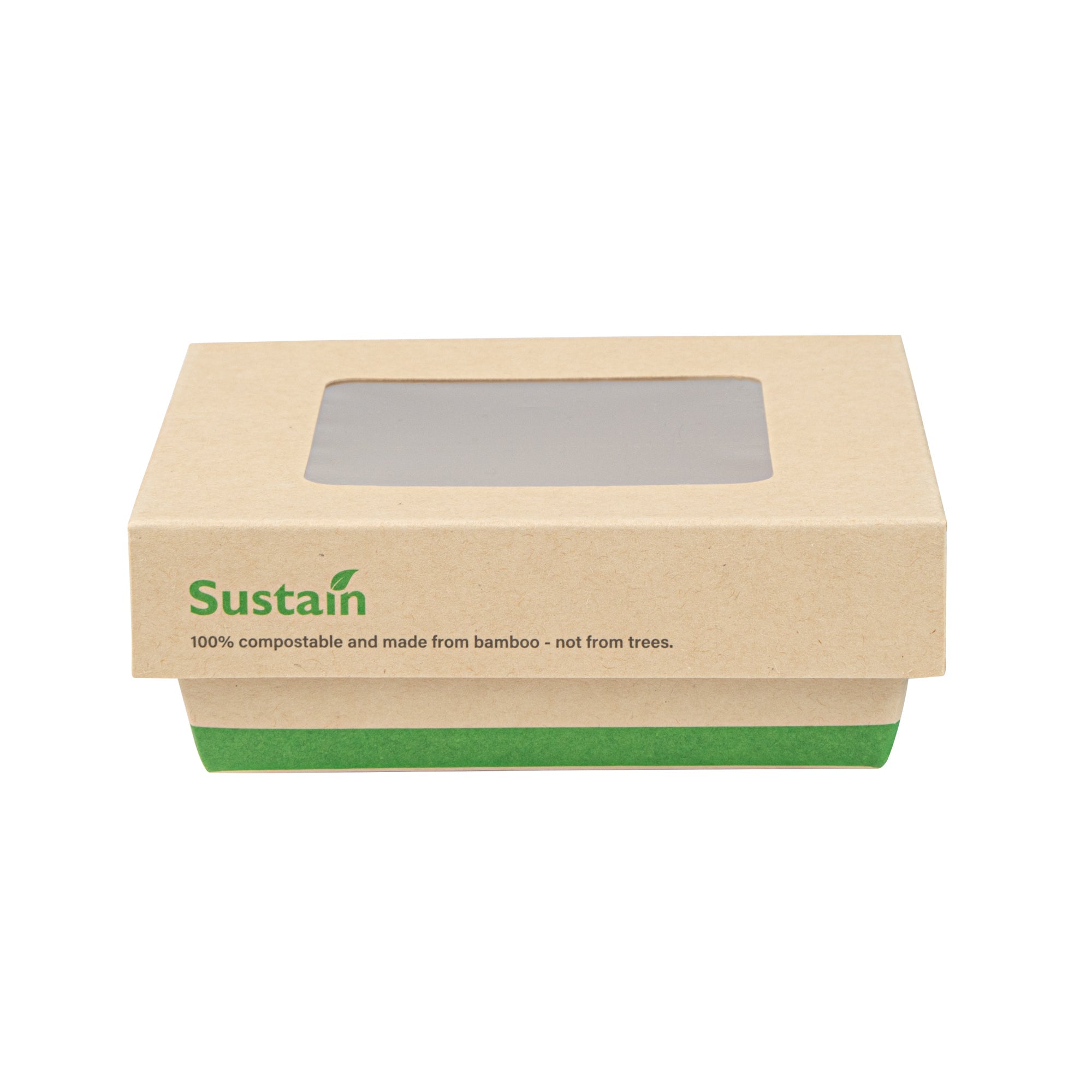 Sustain 13 oz Bamboo Paper Small Take Out Container - with PLA Lining and Window, Compostable - 4 1/2" x 4 1/2" x 1 1/2" - 50 count box