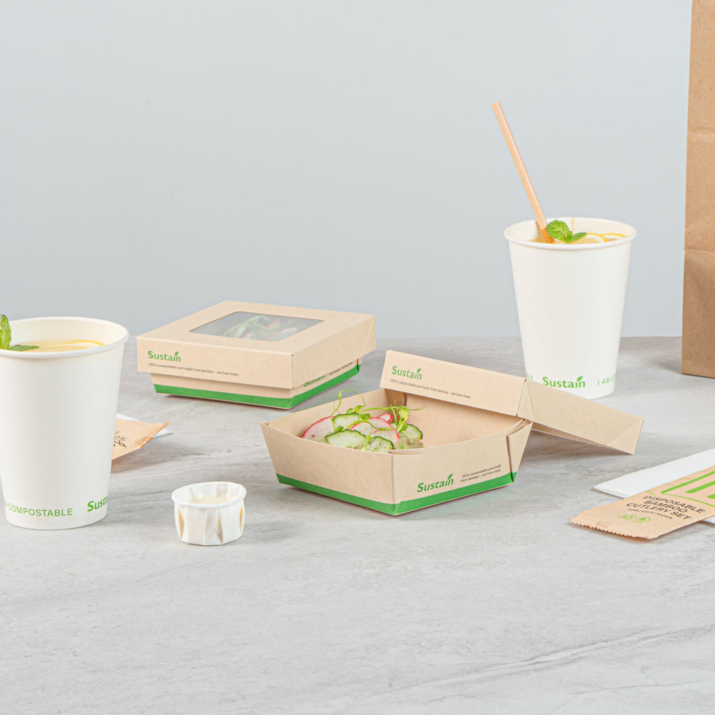 Sustain 13 oz Bamboo Paper Small Take Out Container - with PLA Lining and Window, Compostable - 4 1/2" x 4 1/2" x 1 1/2" - 50 count box