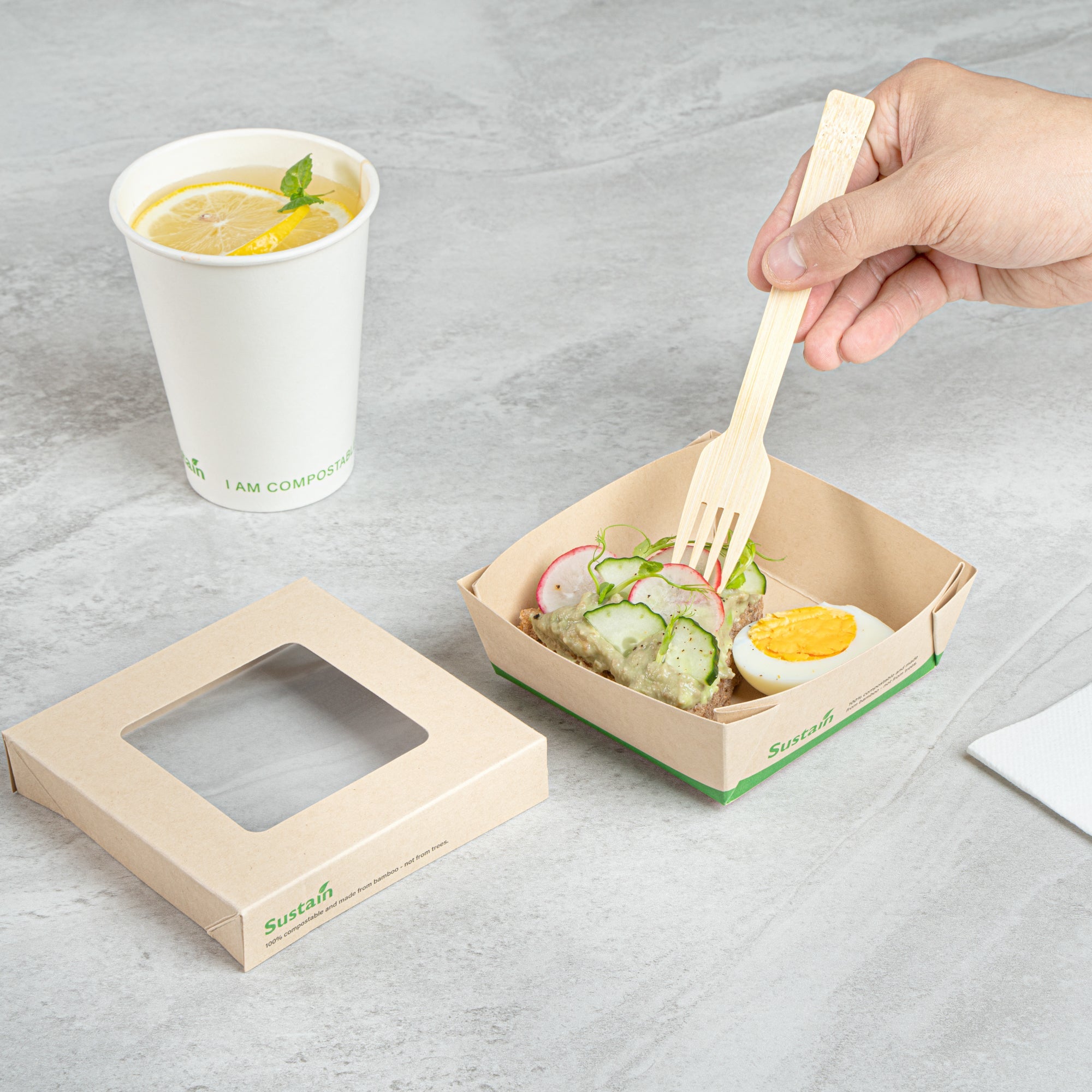 Sustain 13 oz Bamboo Paper Small Take Out Container - with PLA Lining and Window, Compostable - 4 1/2" x 4 1/2" x 1 1/2" - 50 count box